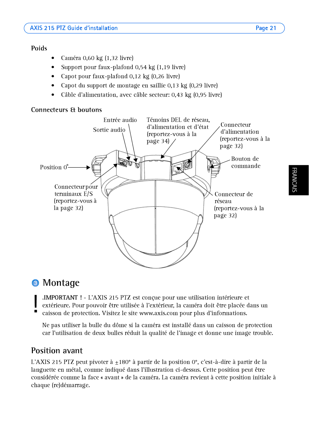 Axis Communications axis manual Montage, Position avant, Poids, Connecteurs & boutons 