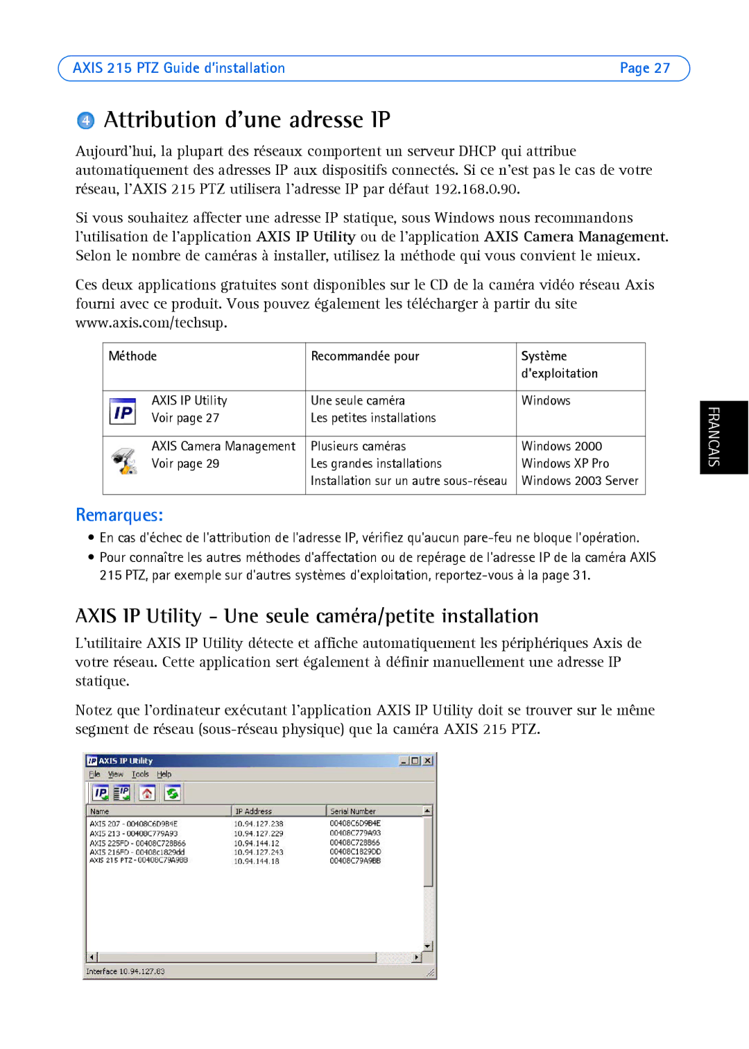 Axis Communications axis manual Attribution dune adresse IP, Axis IP Utility Une seule caméra/petite installation 