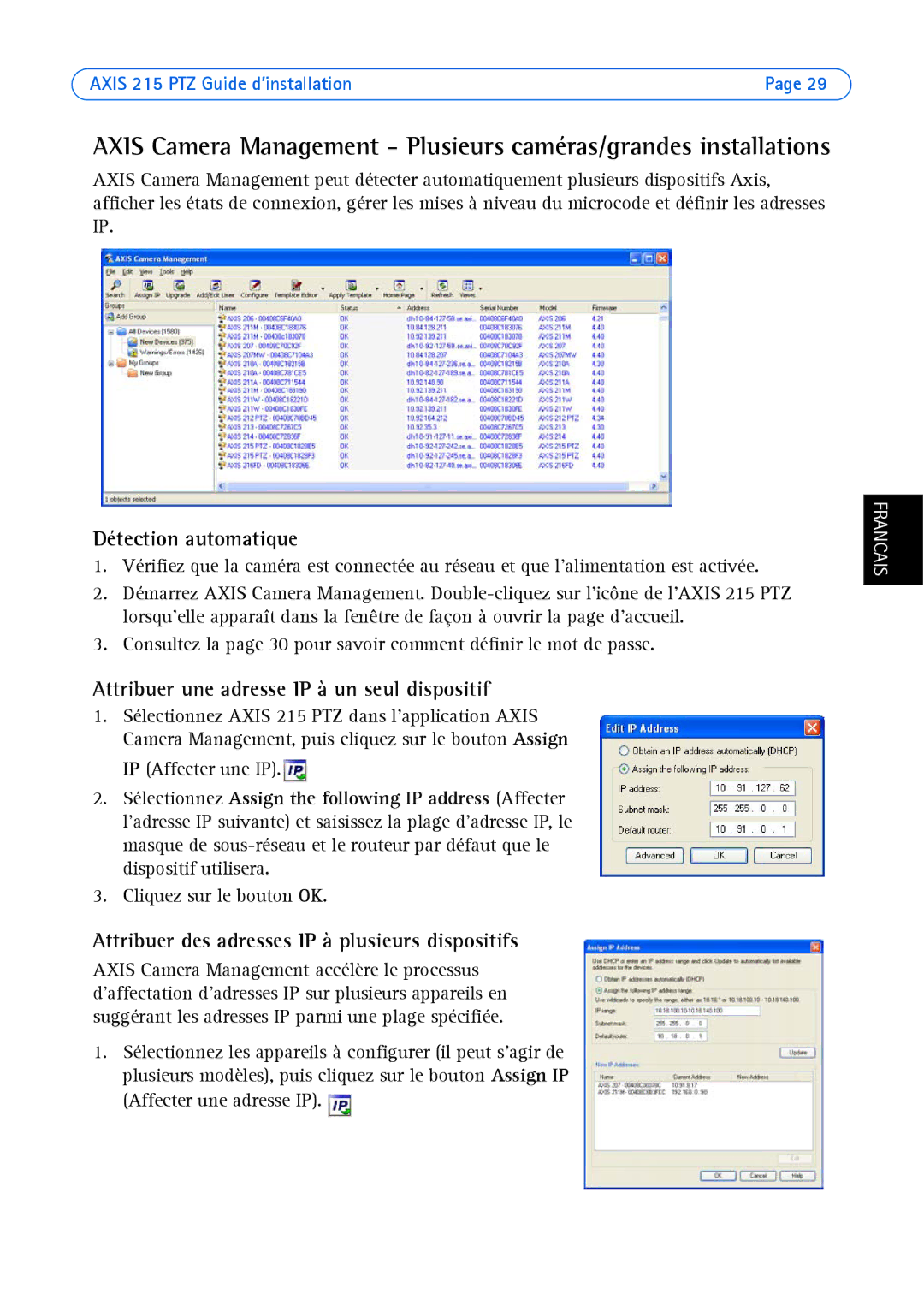 Axis Communications axis Attribuer une adresse IP à un seul dispositif, Attribuer des adresses IP à plusieurs dispositifs 