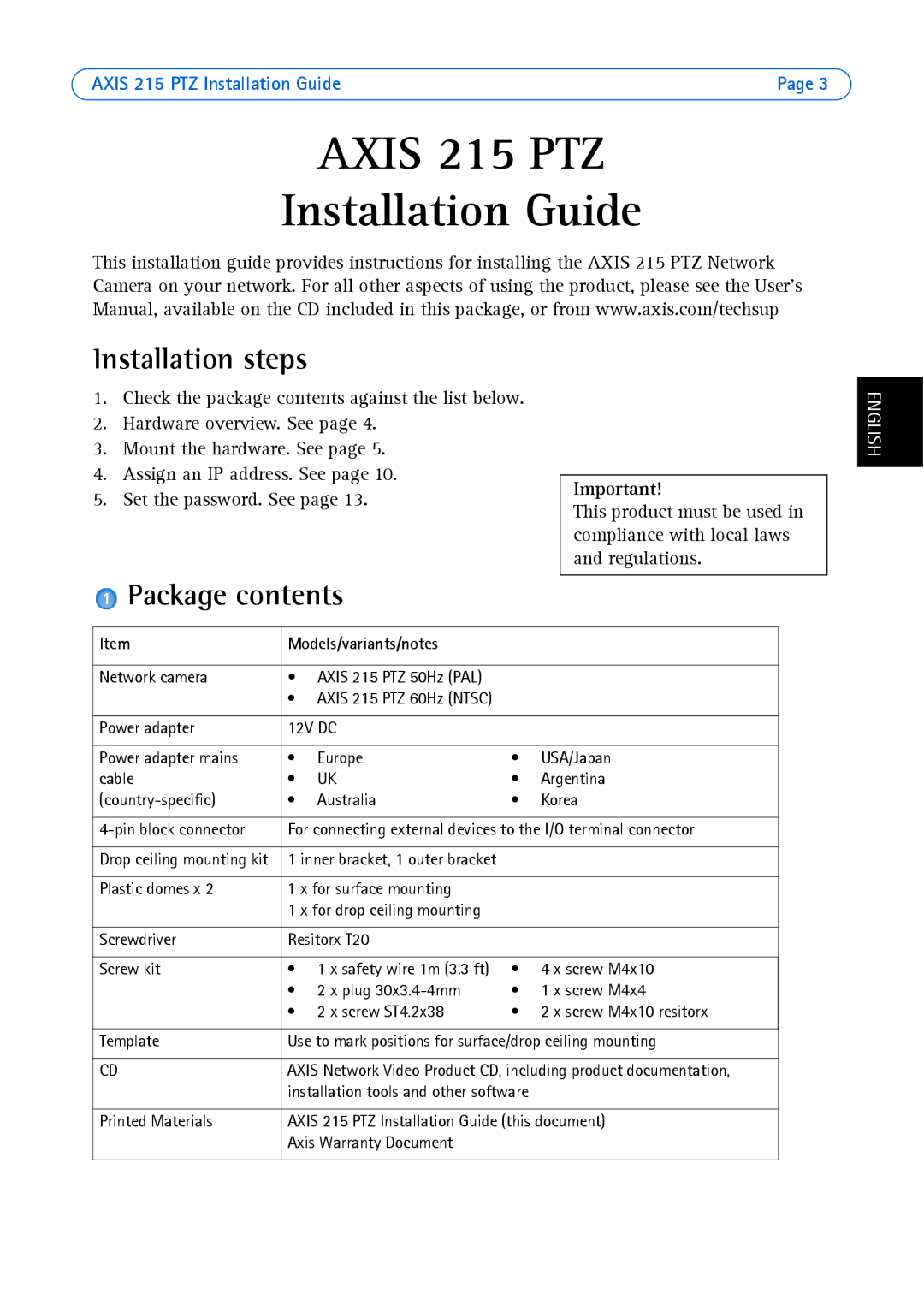 Axis Communications axis manual Installation steps, Package contents 