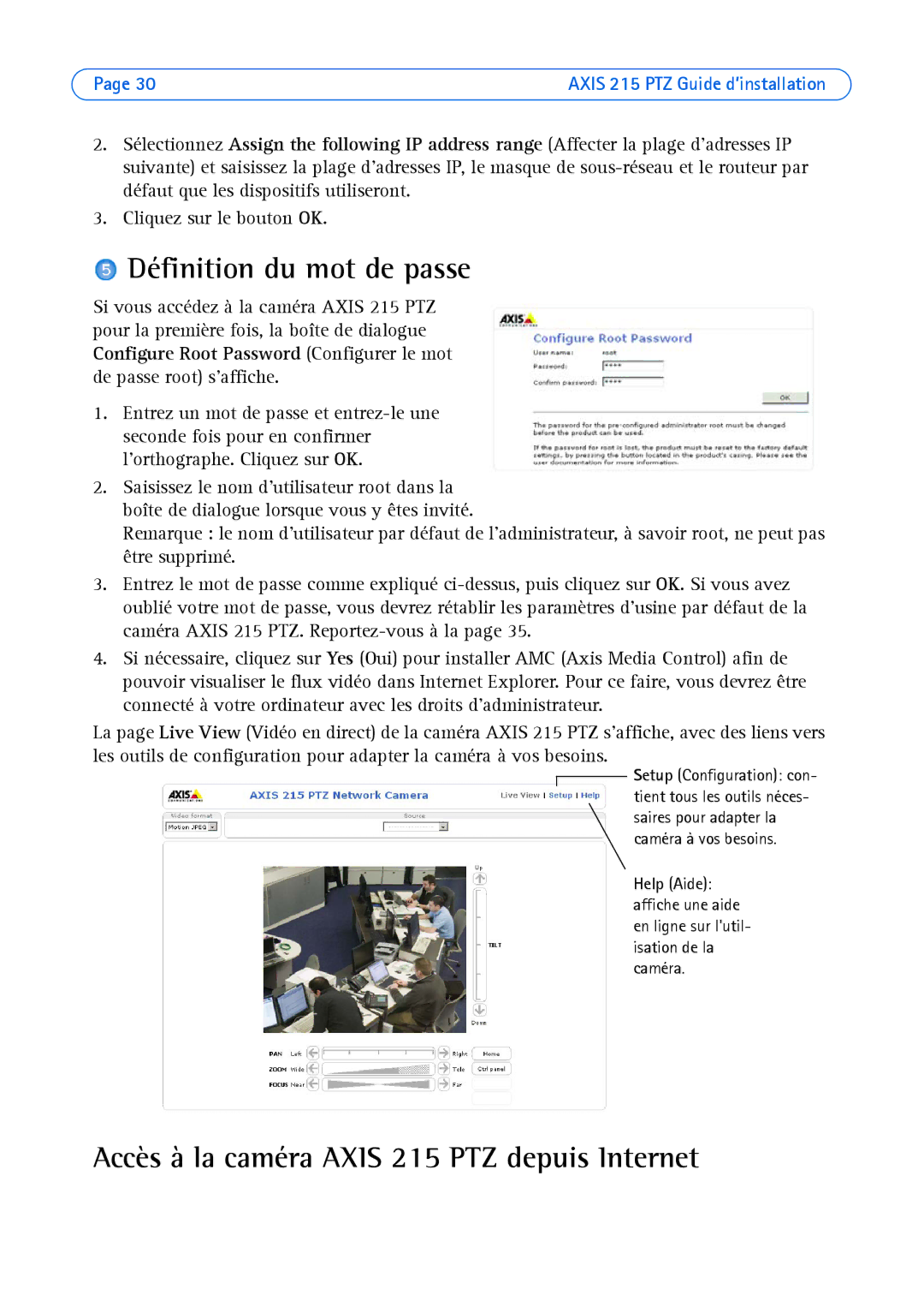 Axis Communications axis manual Définition du mot de passe, Accès à la caméra Axis 215 PTZ depuis Internet 