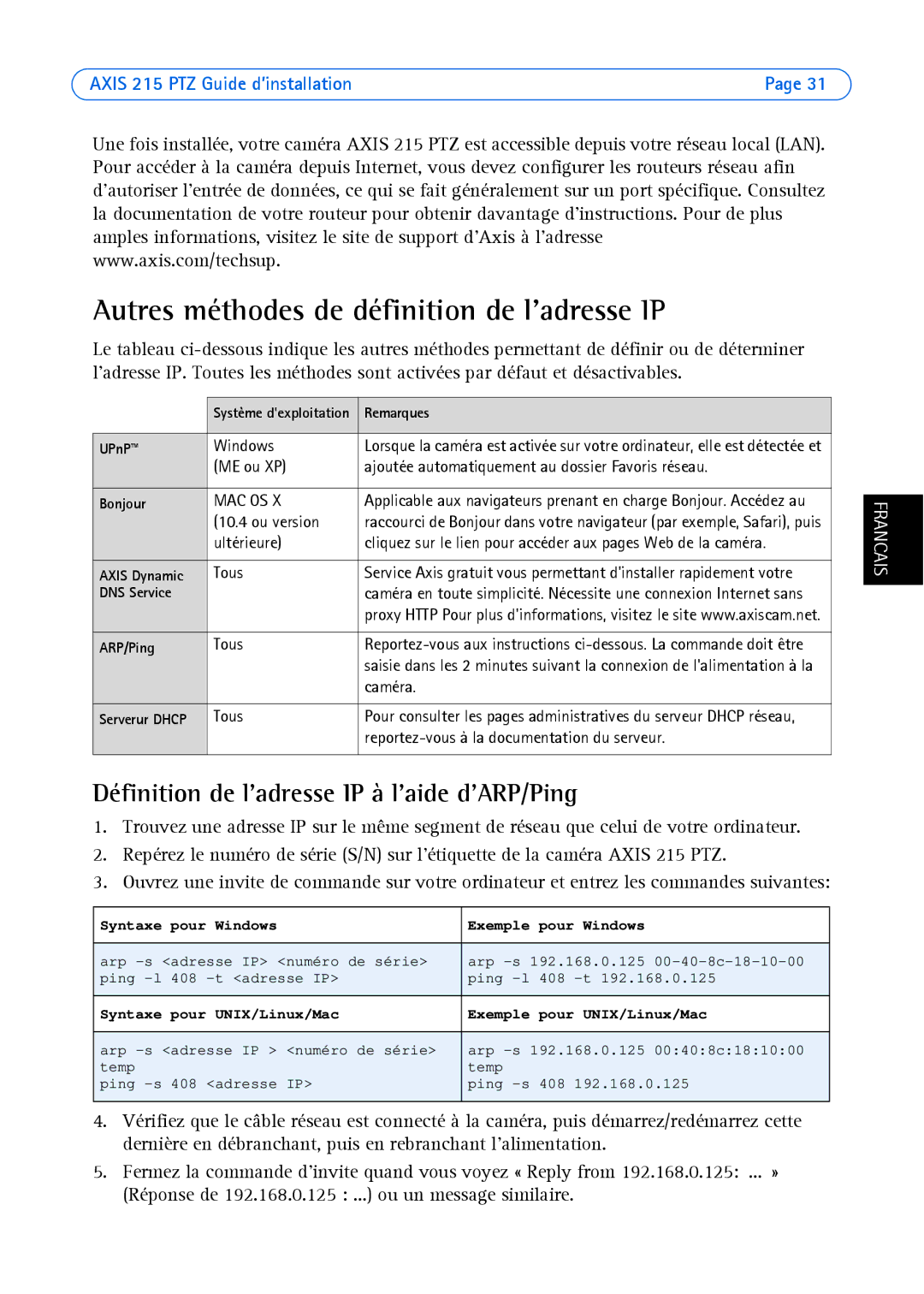 Axis Communications axis manual Autres méthodes de définition de ladresse IP, Définition de ladresse IP à laide dARP/Ping 