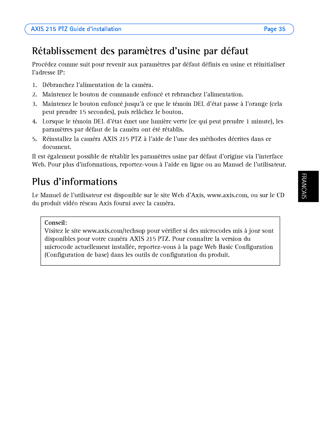 Axis Communications axis manual Rétablissement des paramètres dusine par défaut, Plus dinformations 