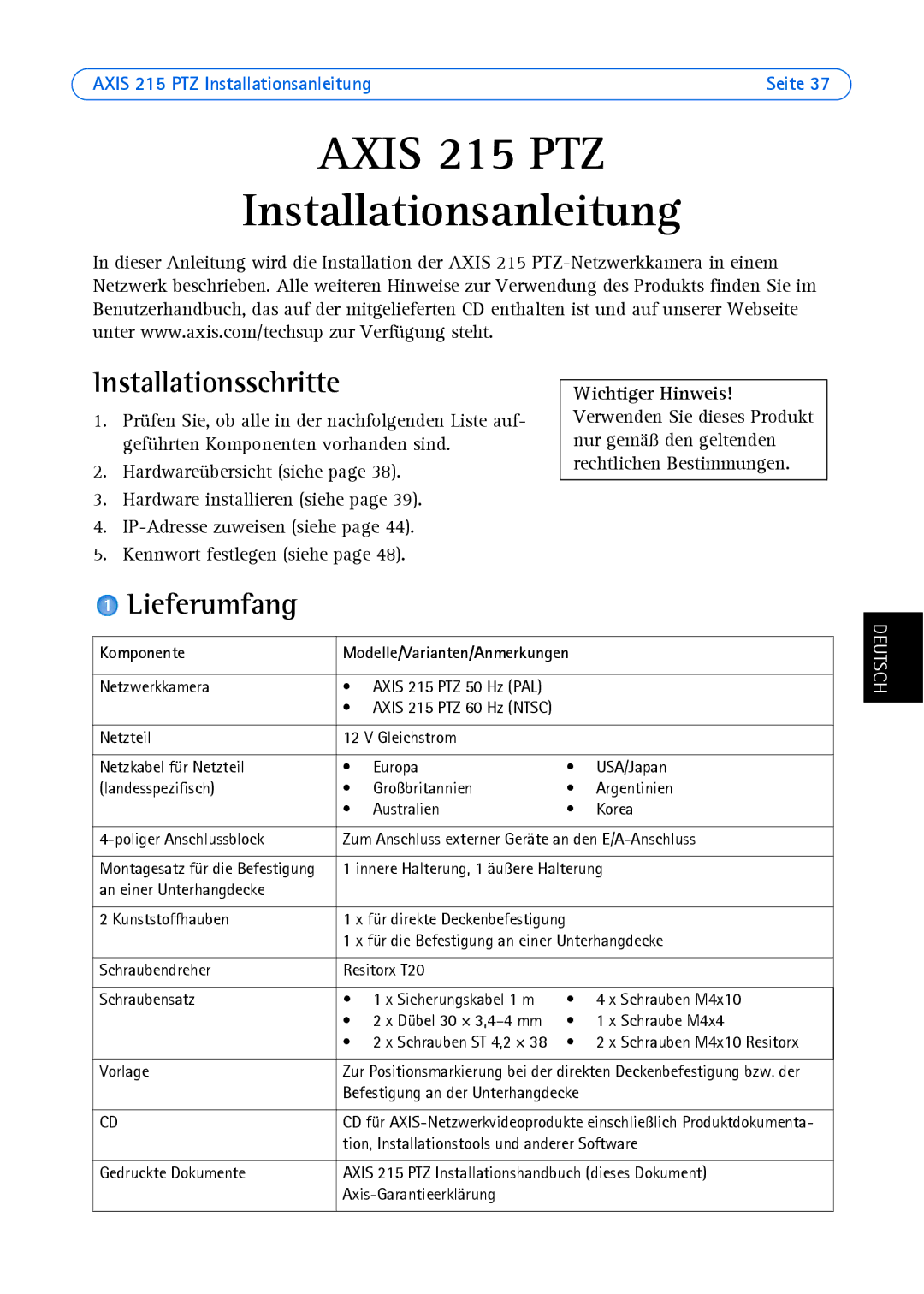 Axis Communications axis manual Installationsschritte, Lieferumfang 