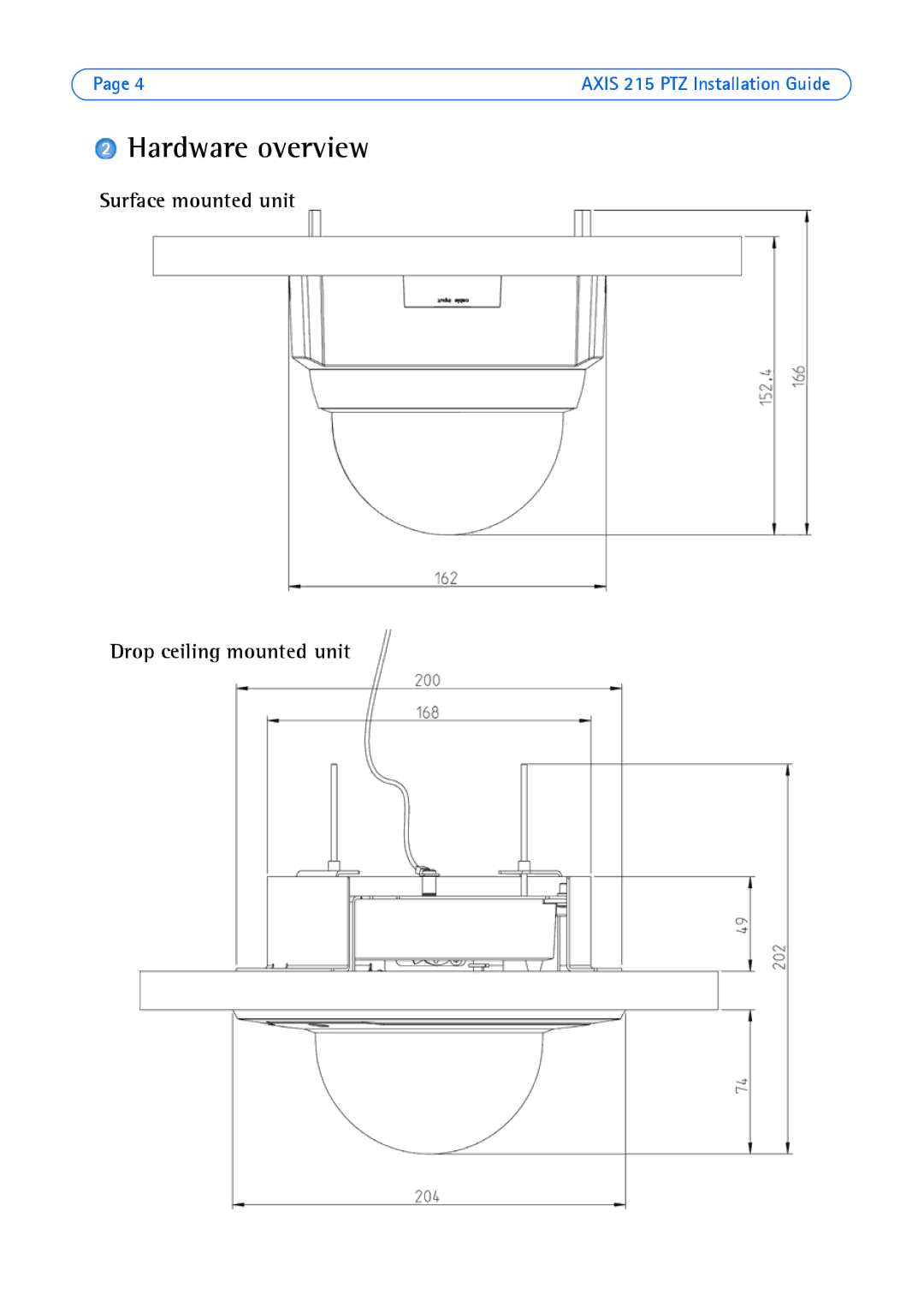 Axis Communications axis manual Hardware overview, Surface mounted unit Drop ceiling mounted unit 