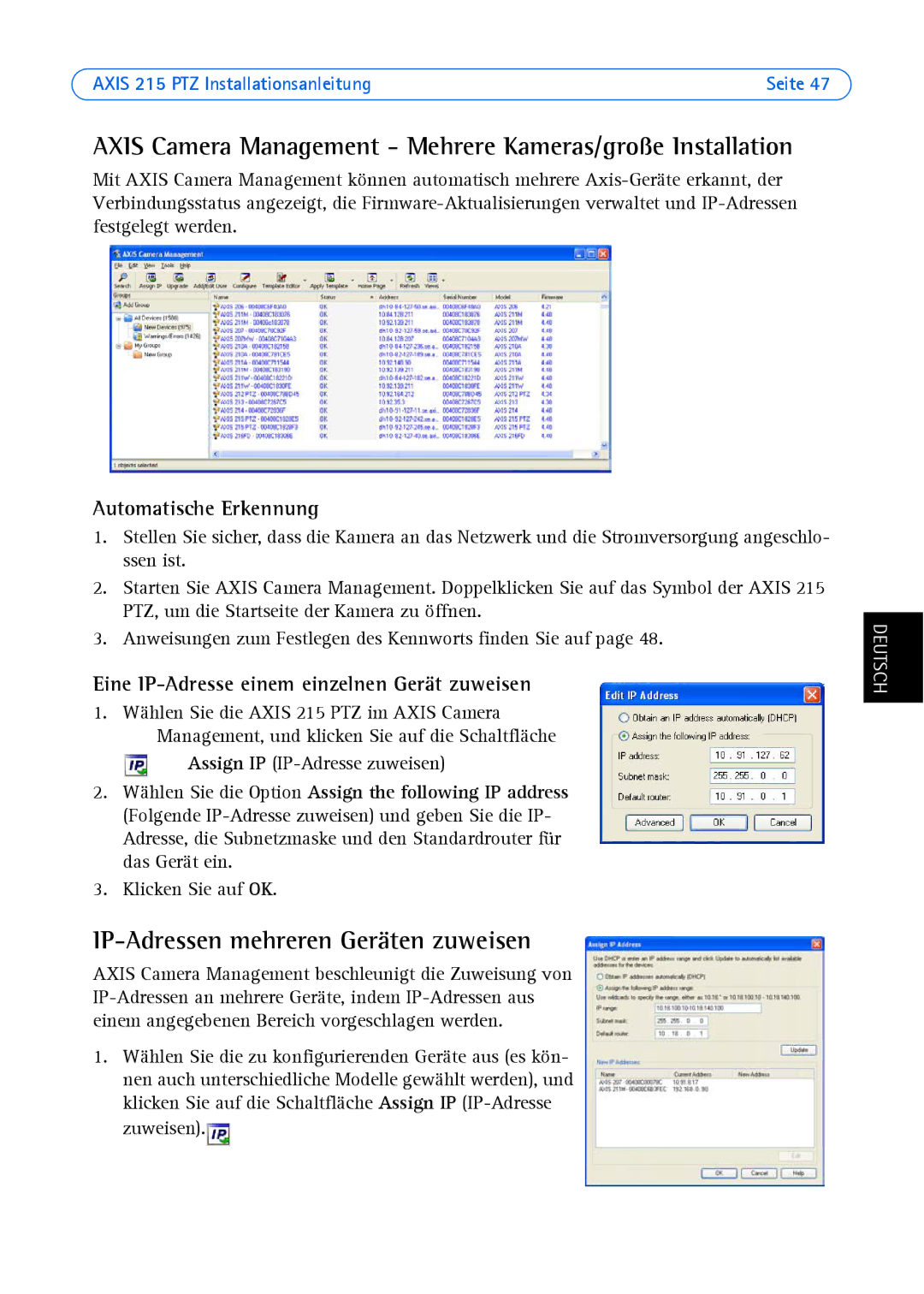 Axis Communications axis Axis Camera Management Mehrere Kameras/große Installation, IP-Adressen mehreren Geräten zuweisen 