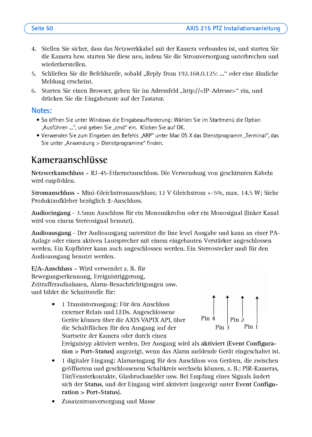 Axis Communications axis manual Kameraanschlüsse, Startseite der Kamera oder durch einen 