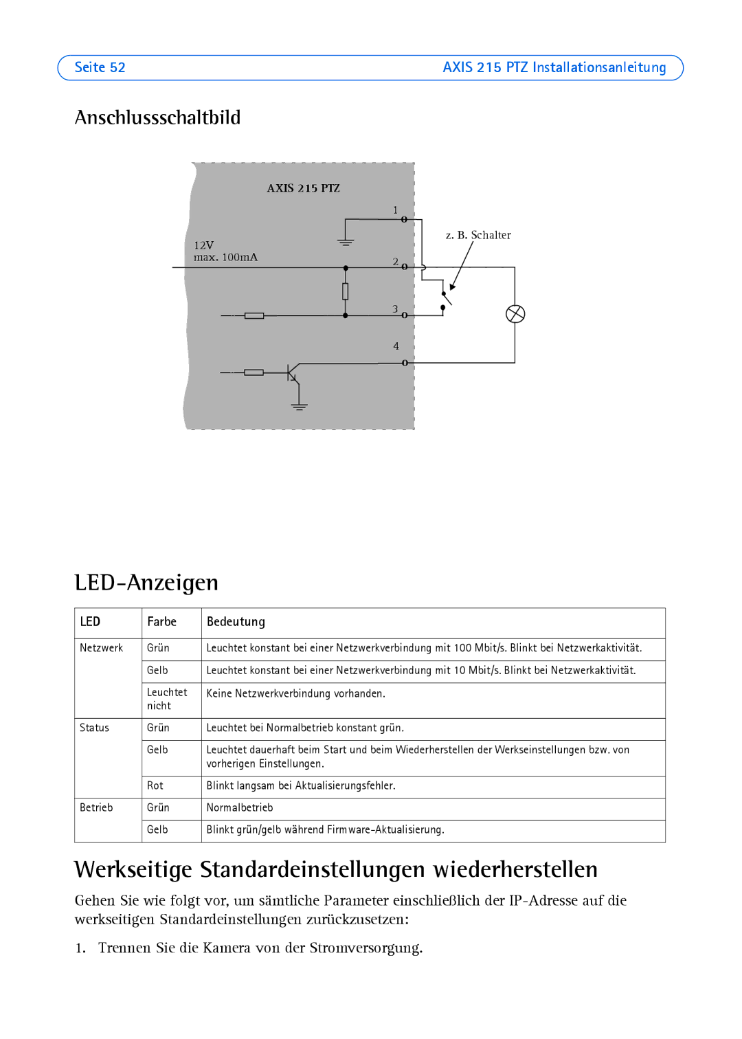 Axis Communications axis manual LED-Anzeigen, Werkseitige Standardeinstellungen wiederherstellen, Anschlussschaltbild 