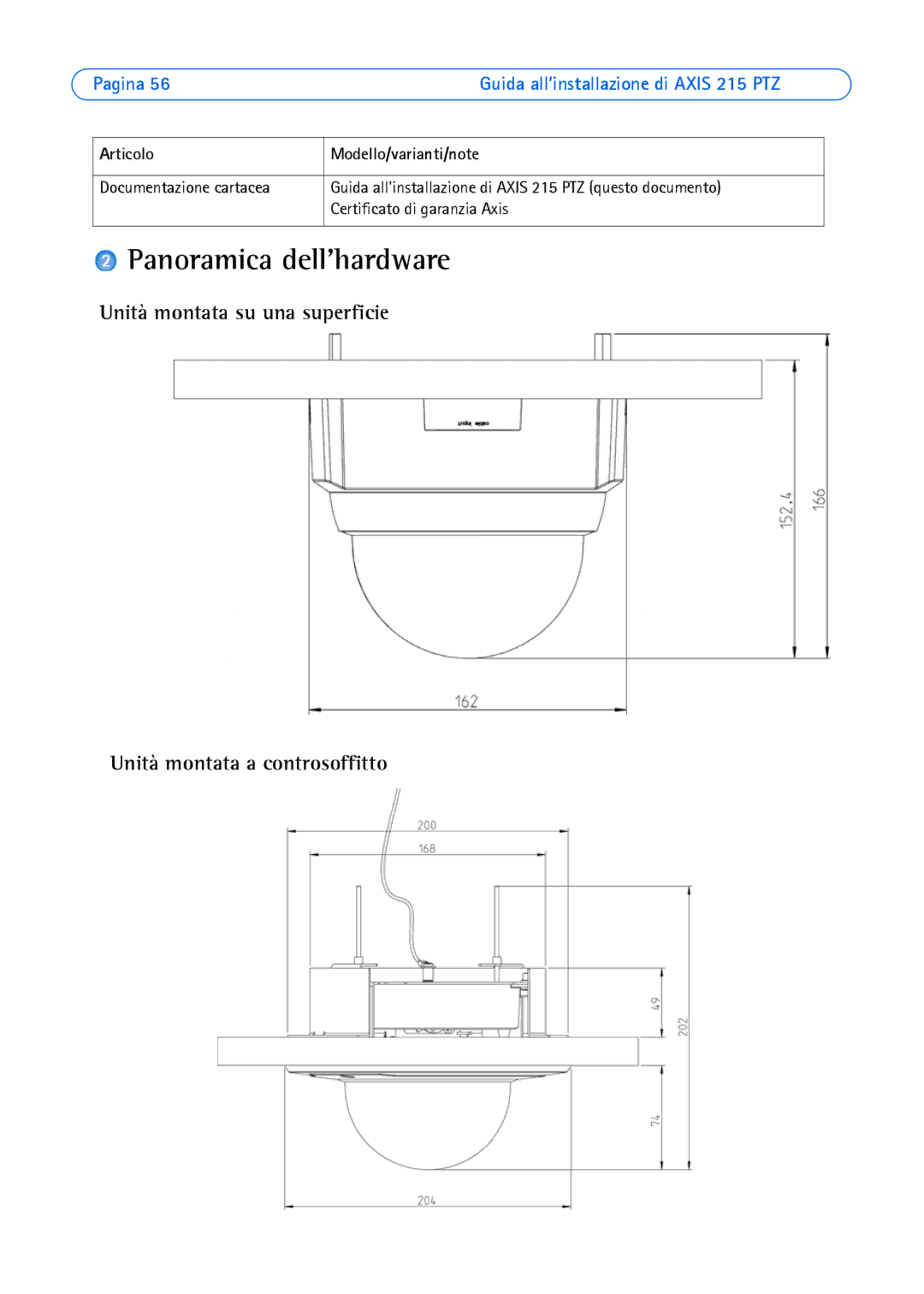 Axis Communications axis manual Panoramica dellhardware, Pagina Guida all’installazione di Axis 215 PTZ 