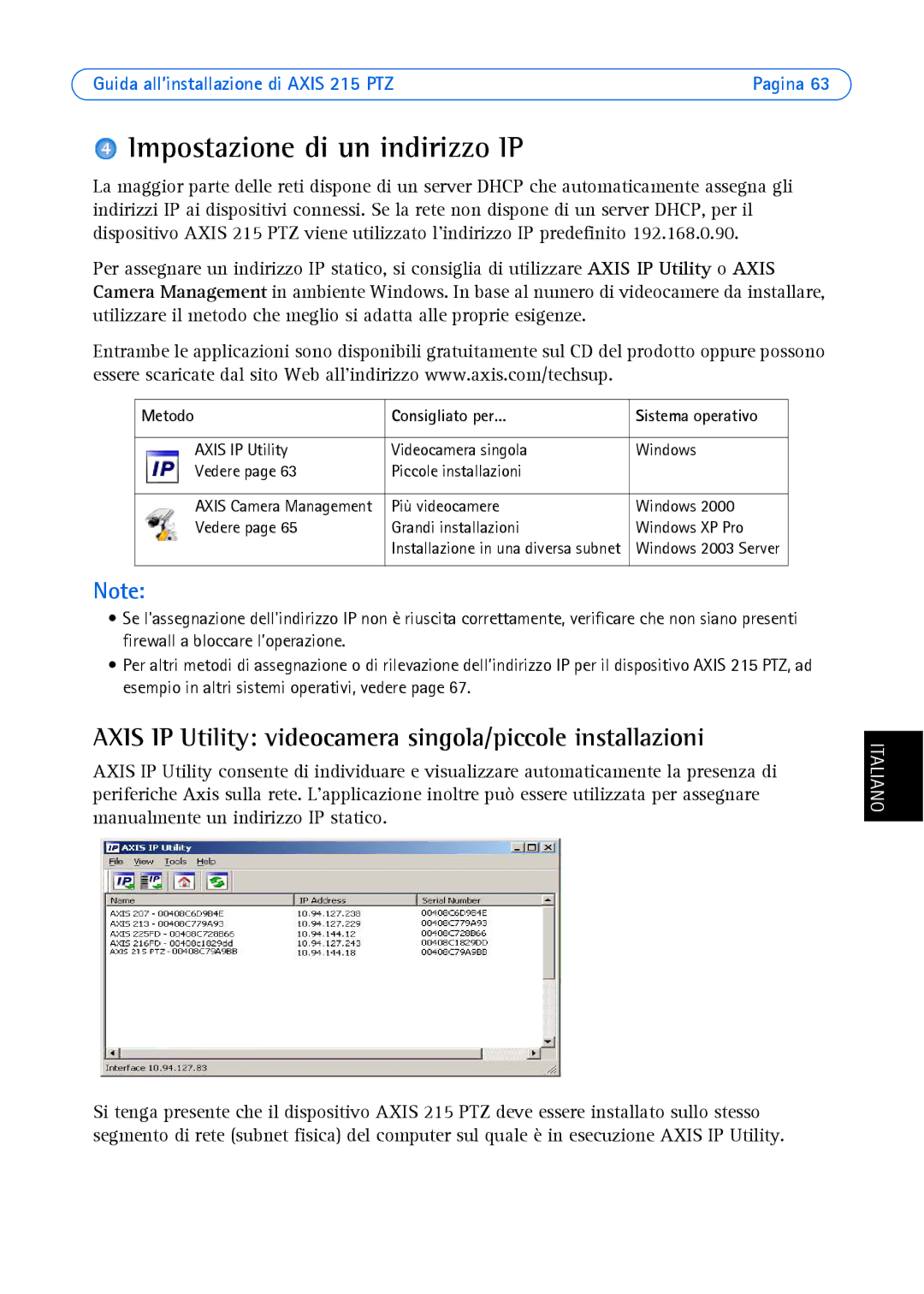 Axis Communications axis manual Impostazione di un indirizzo IP, Axis IP Utility videocamera singola/piccole installazioni 