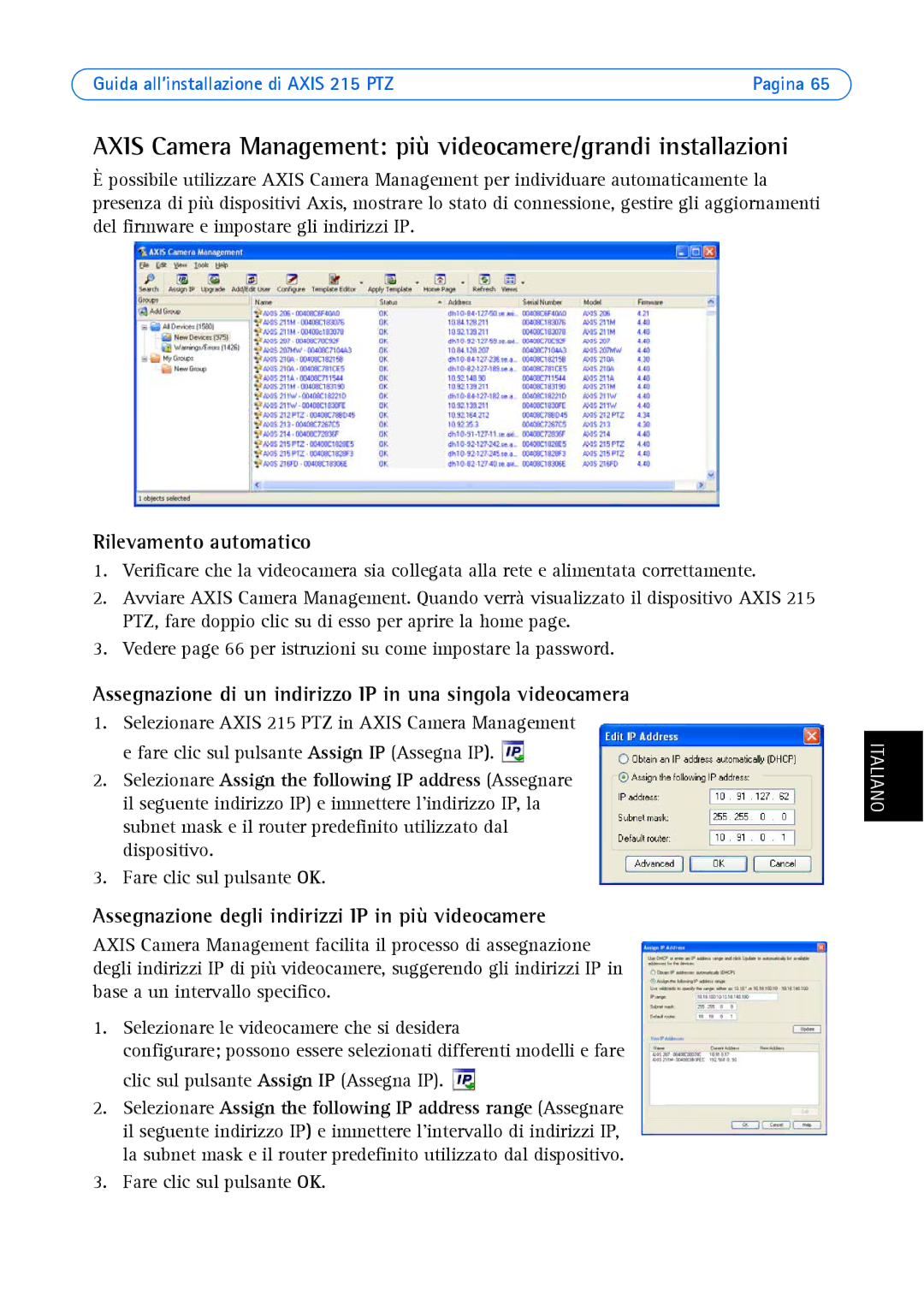 Axis Communications axis manual Axis Camera Management più videocamere/grandi installazioni, Fare clic sul pulsante OK 