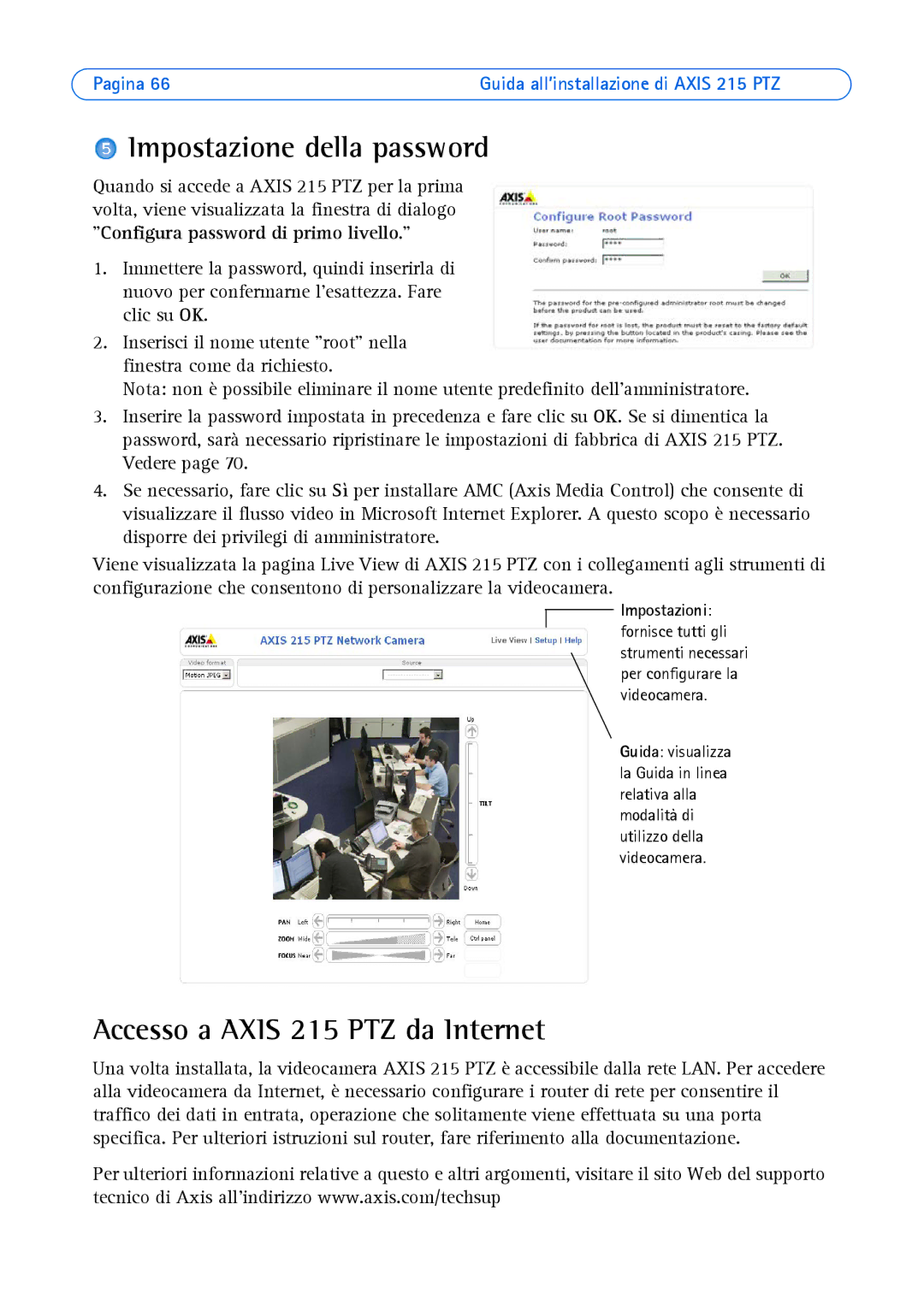 Axis Communications axis manual Impostazione della password, Accesso a Axis 215 PTZ da Internet 