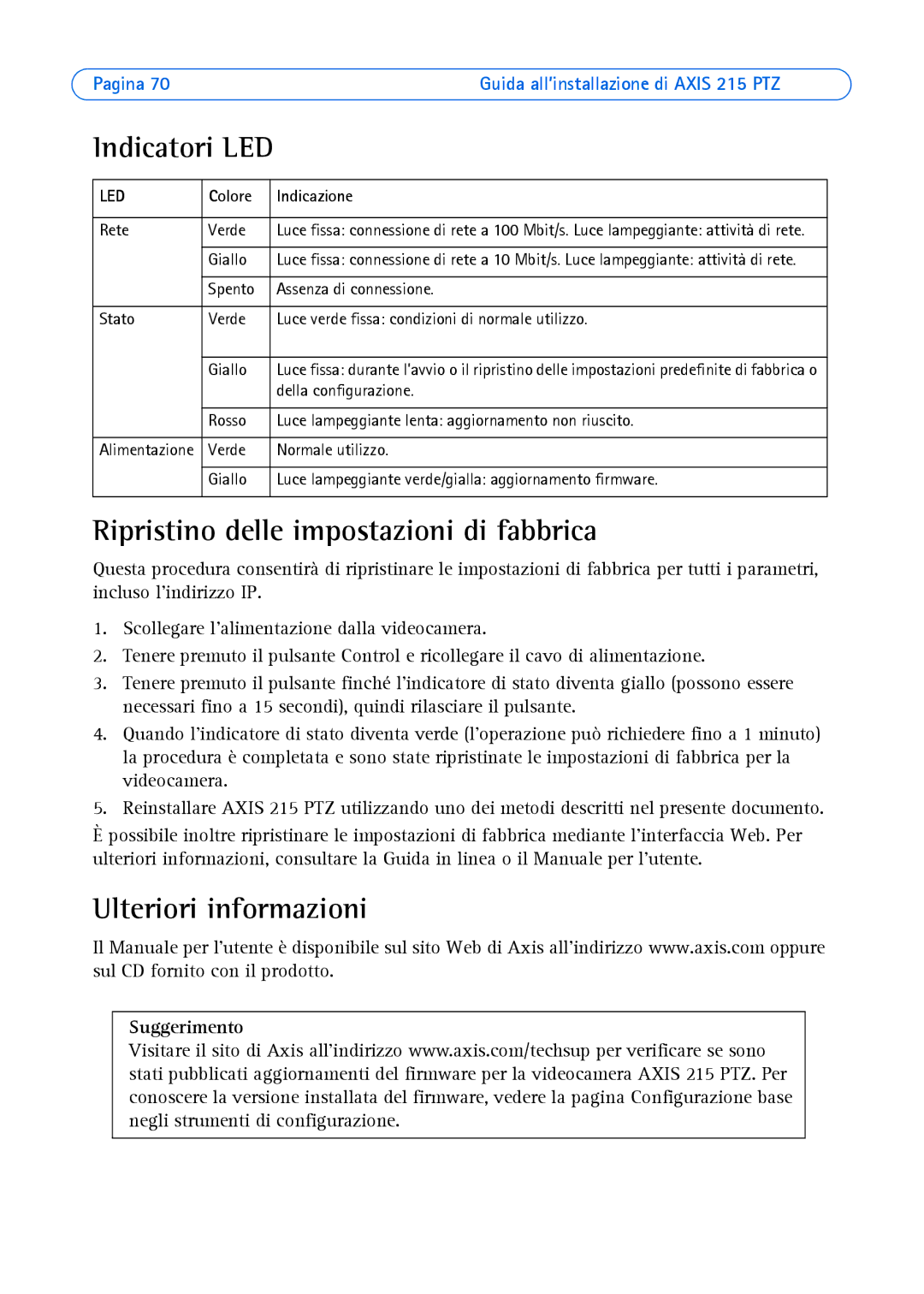 Axis Communications axis manual Indicatori LED, Ripristino delle impostazioni di fabbrica, Ulteriori informazioni 