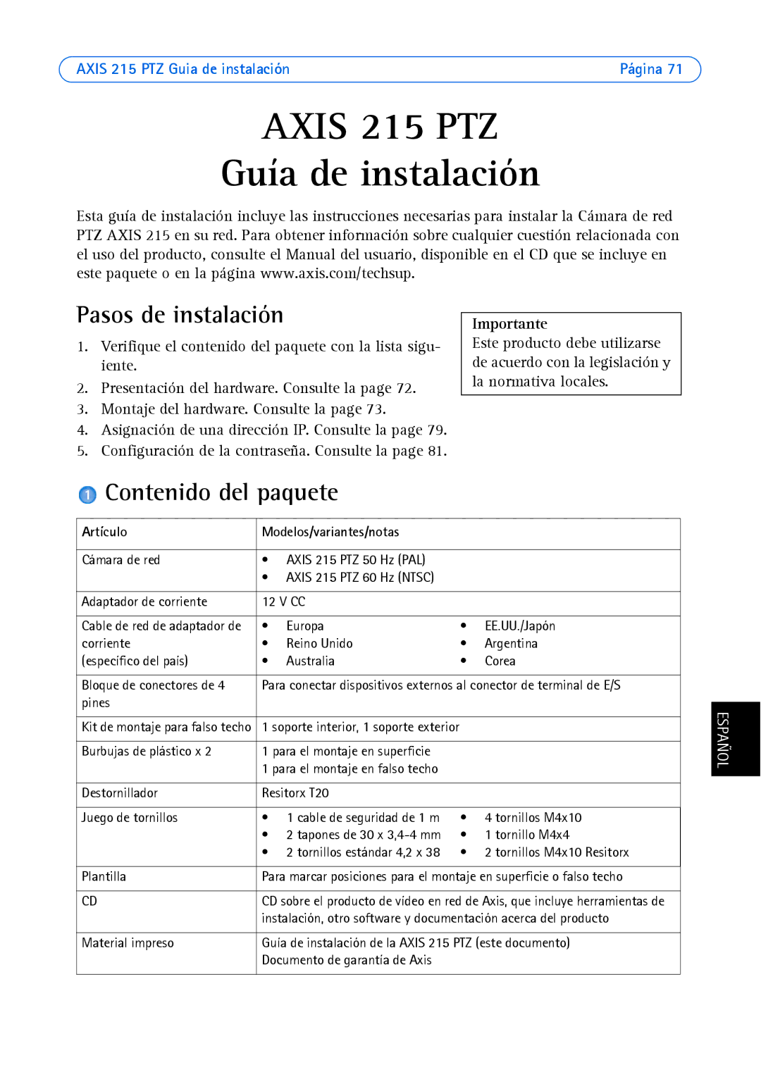 Axis Communications axis manual Pasos de instalación, Contenido del paquete, Artículo Modelos/variantes/notas 