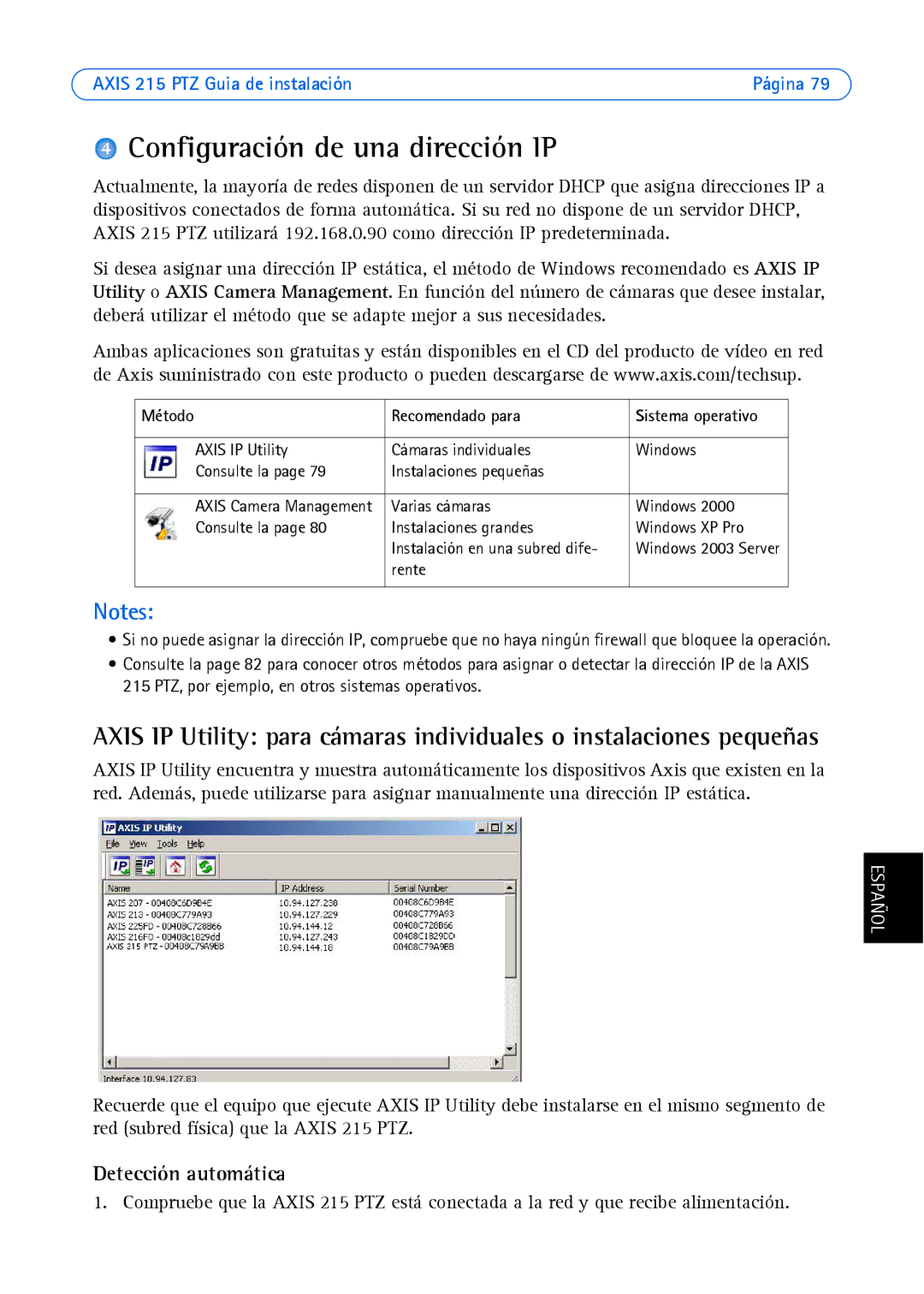 Axis Communications axis manual Configuración de una dirección IP, Detección automática, Método Recomendado para 