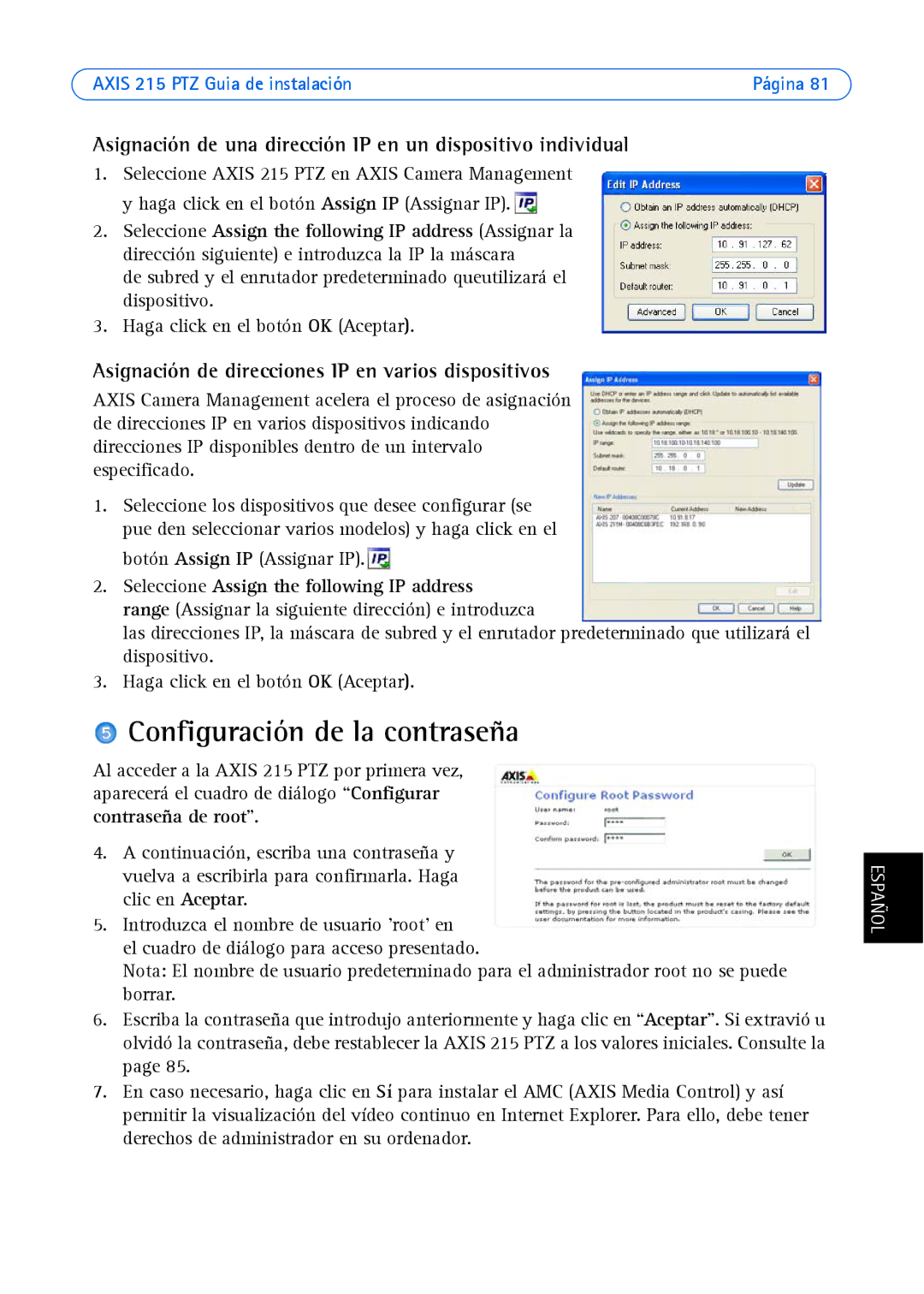 Axis Communications axis manual Configuración de la contraseña, Asignación de una dirección IP en un dispositivo individual 