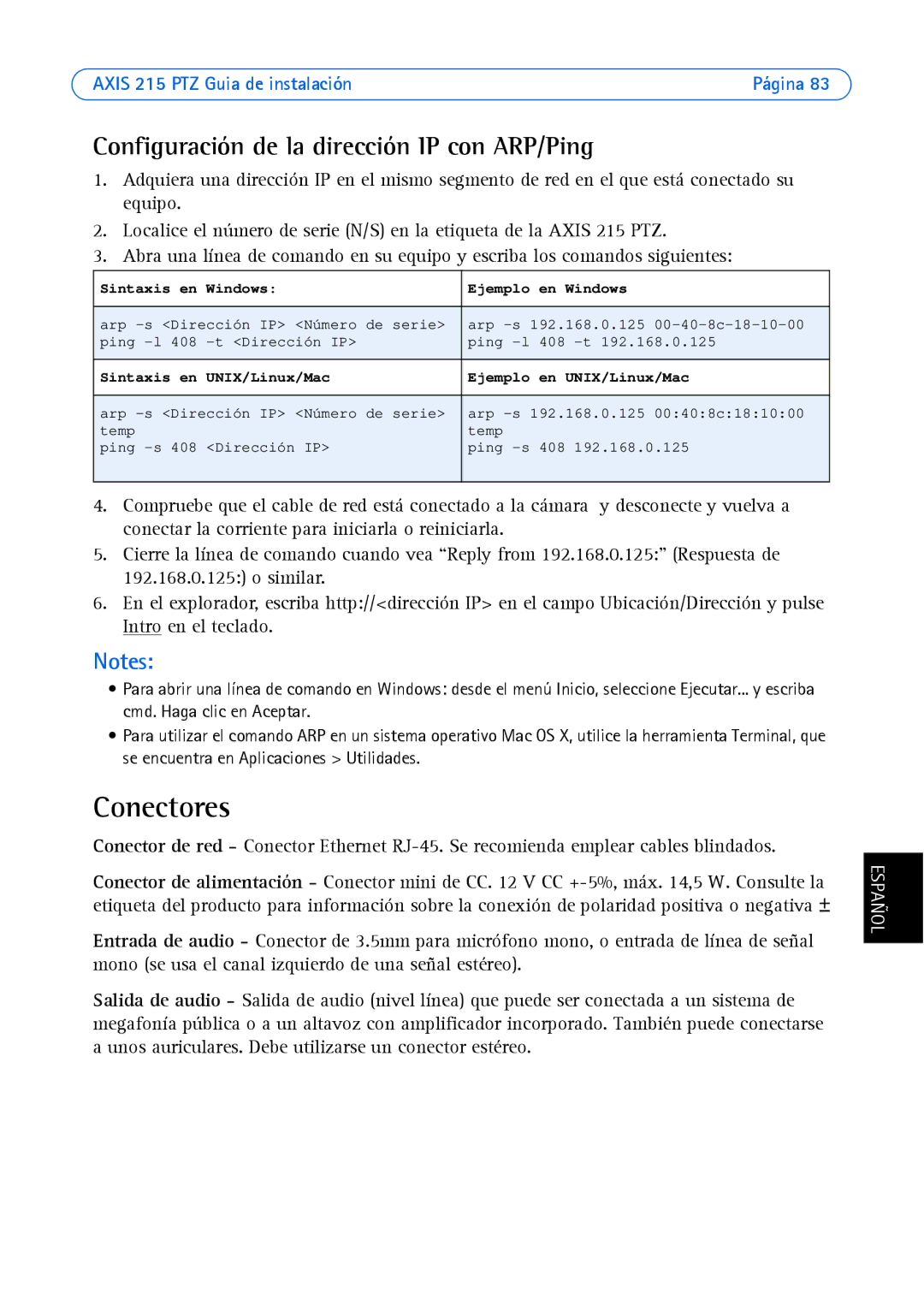 Axis Communications axis manual Conectores, Configuración de la dirección IP con ARP/Ping 