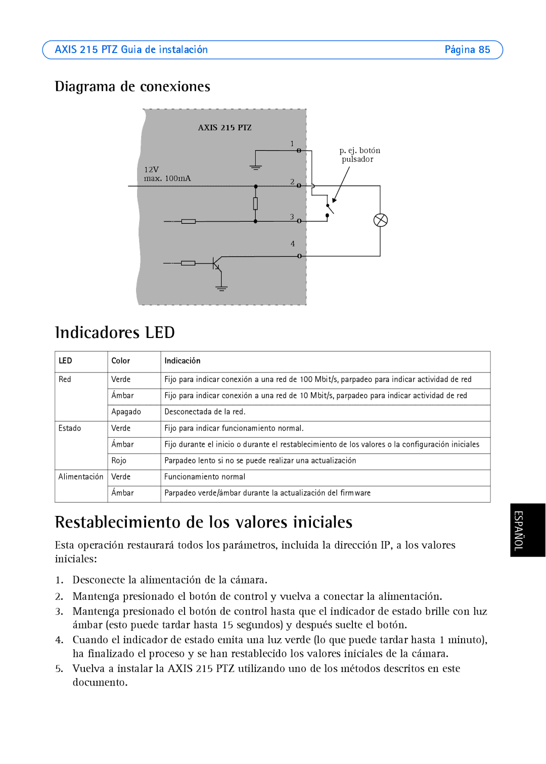 Axis Communications axis manual Indicadores LED, Restablecimiento de los valores iniciales, Diagrama de conexiones 