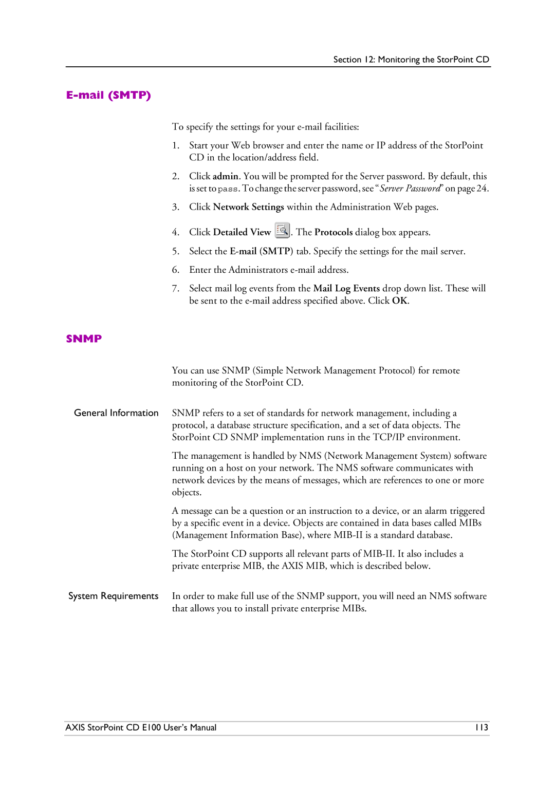 Axis Communications CD E100 user manual Mail Smtp, Snmp 