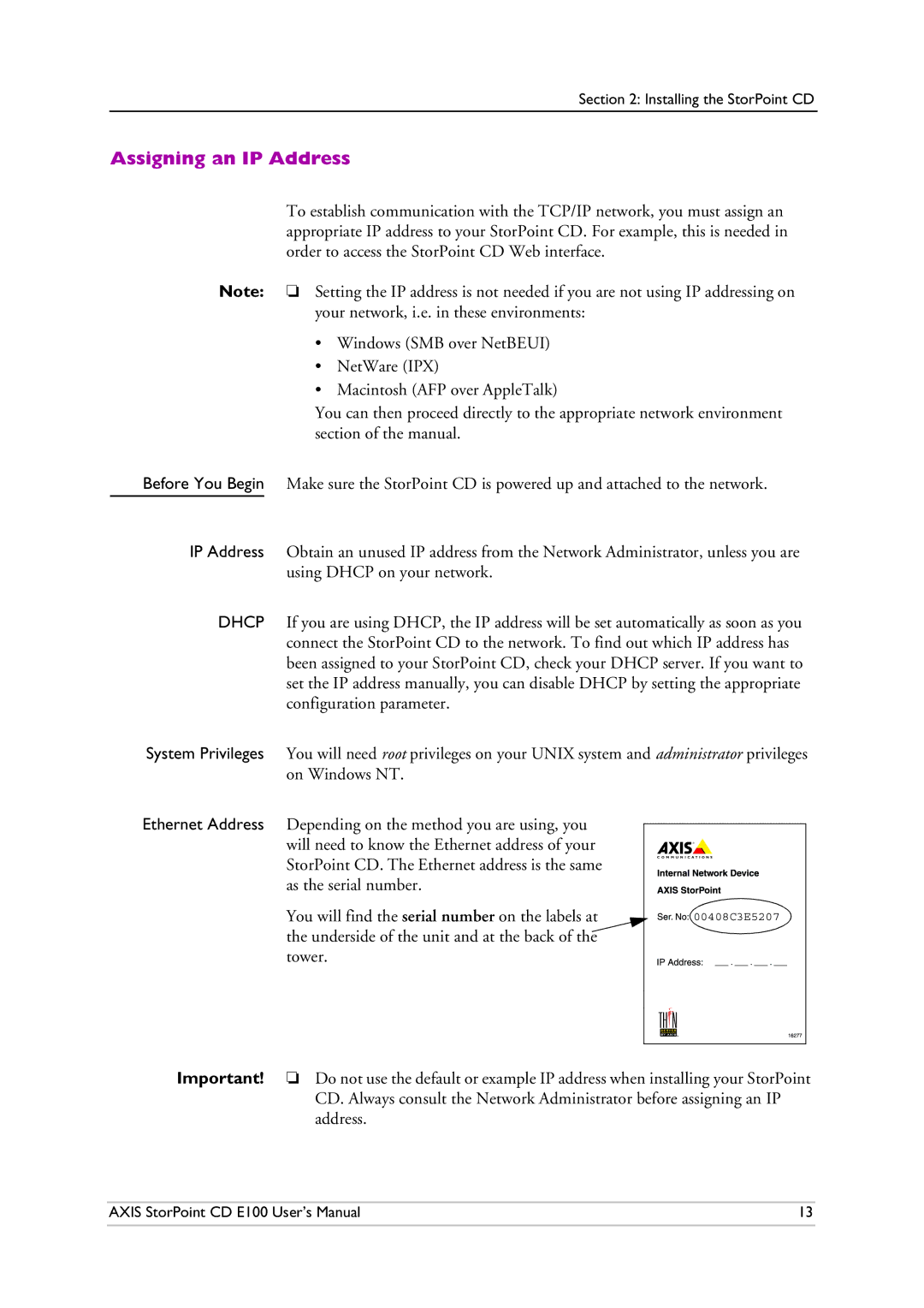 Axis Communications CD E100 user manual Assigning an IP Address 