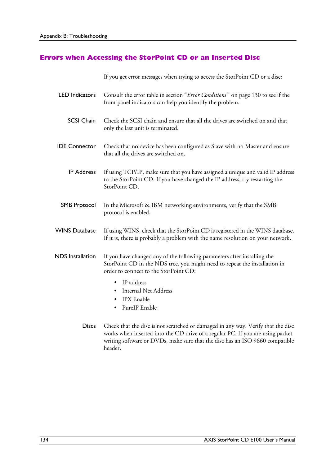 Axis Communications CD E100 user manual Errors when Accessing the StorPoint CD or an Inserted Disc 