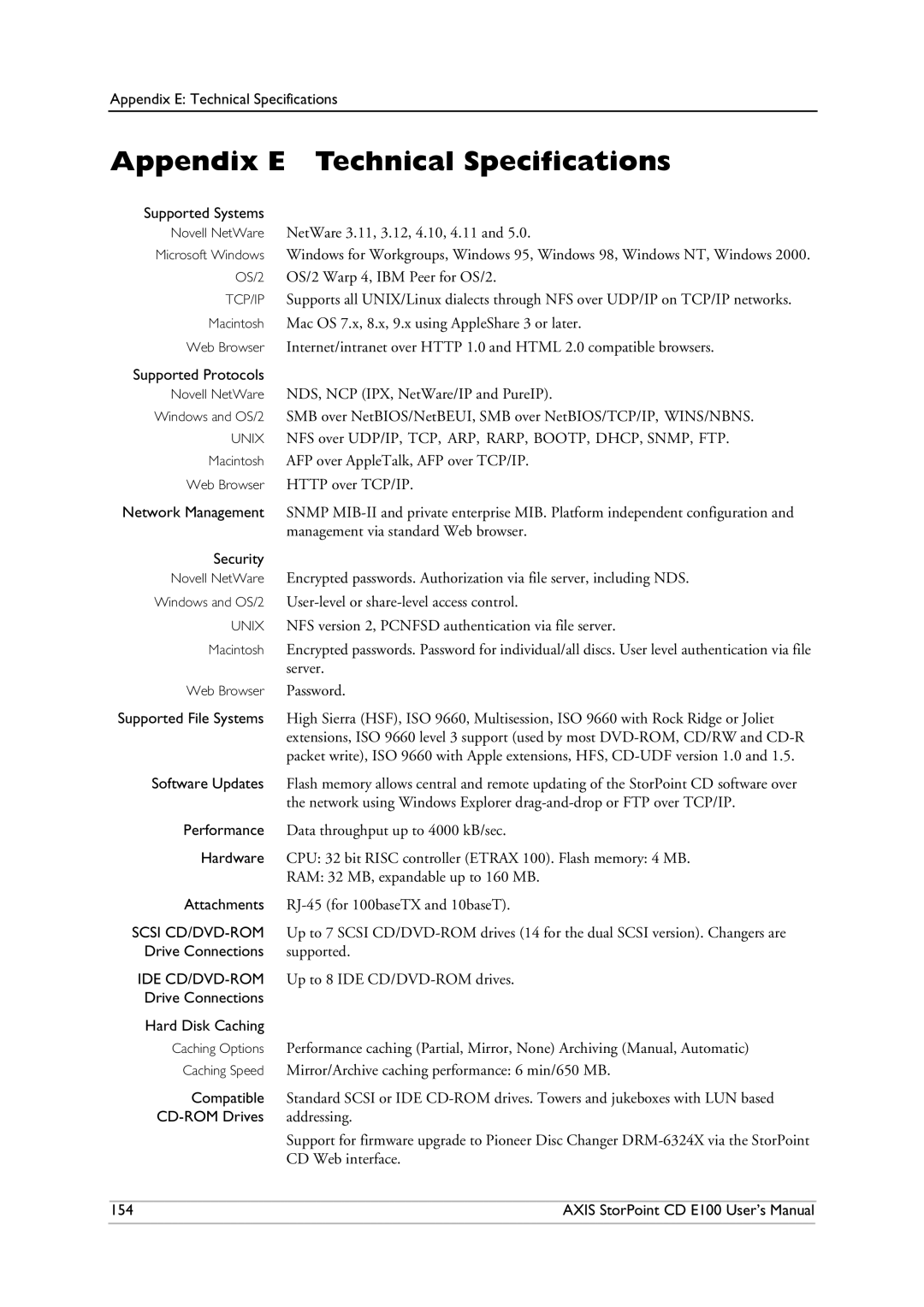 Axis Communications CD E100 user manual Appendix E Technical Specifications, Supported Systems 