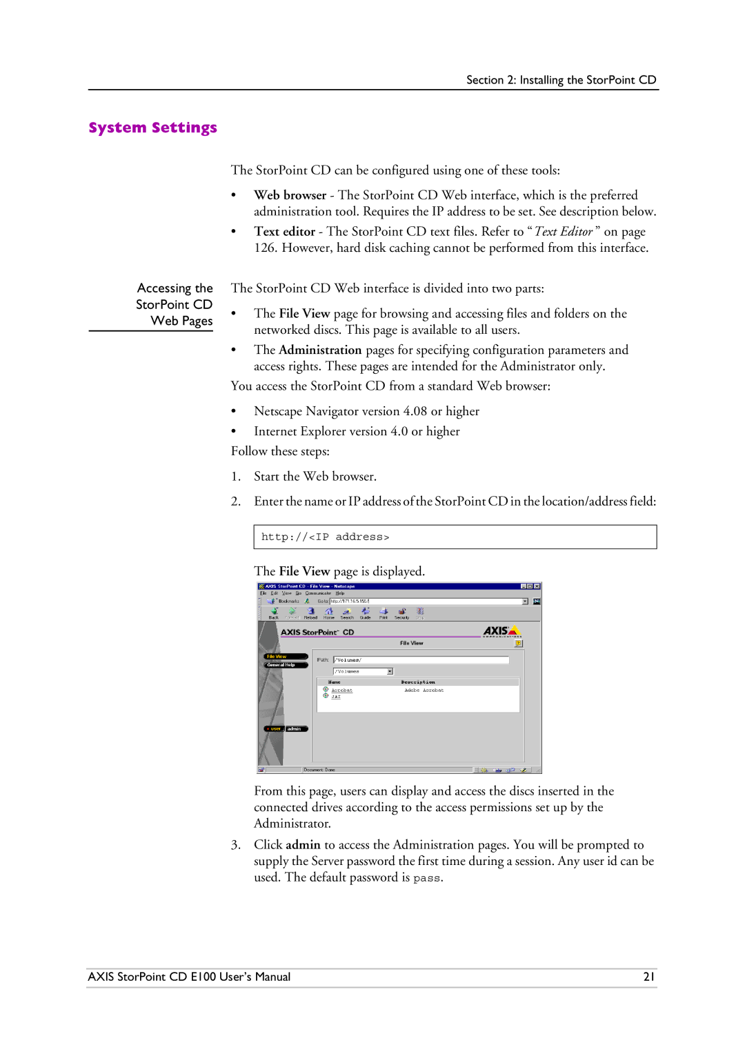 Axis Communications CD E100 user manual System Settings, Accessing StorPoint CD Web Pages 