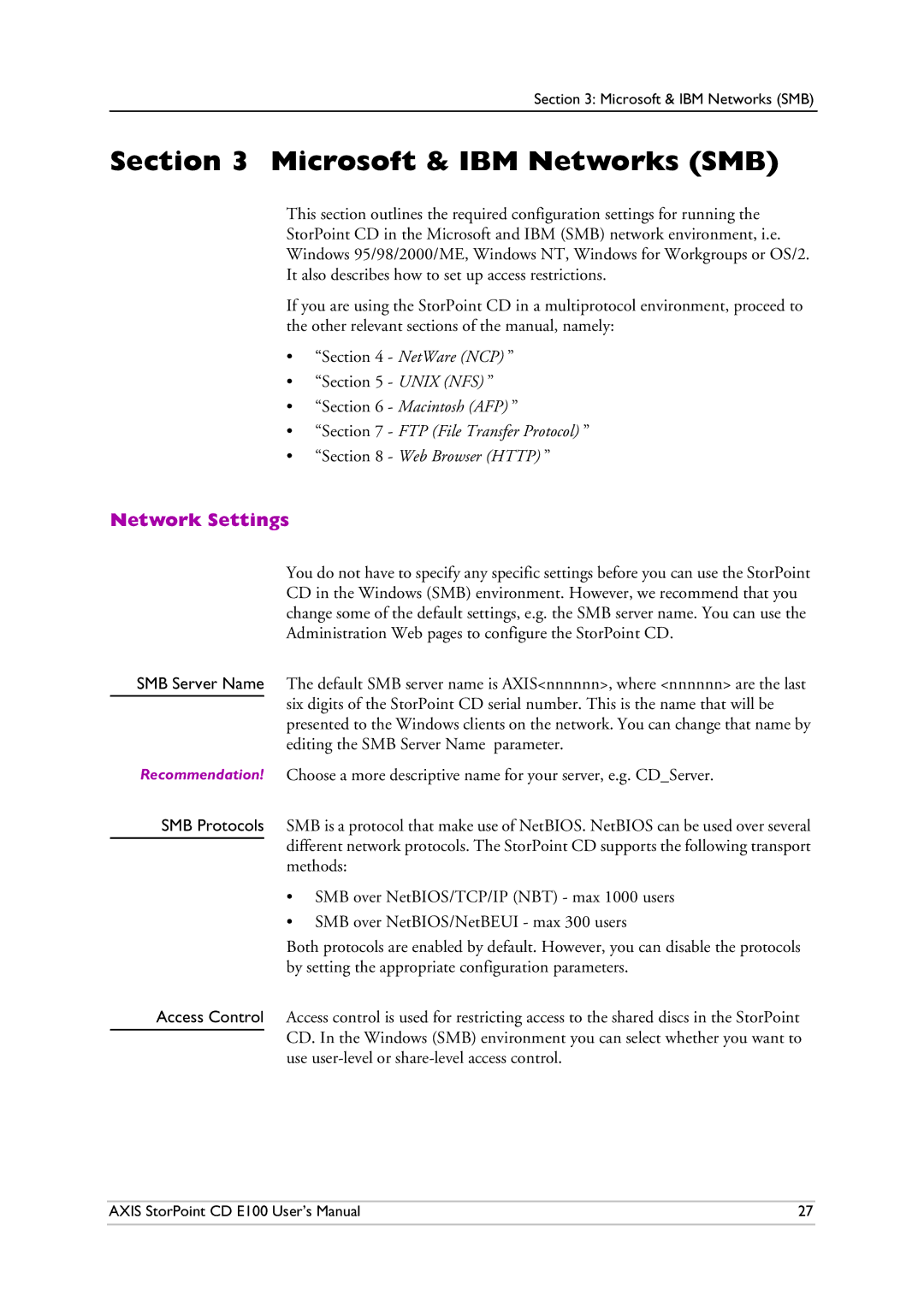 Axis Communications CD E100 Microsoft & IBM Networks SMB, Network Settings, SMB Server Name, SMB Protocols Access Control 