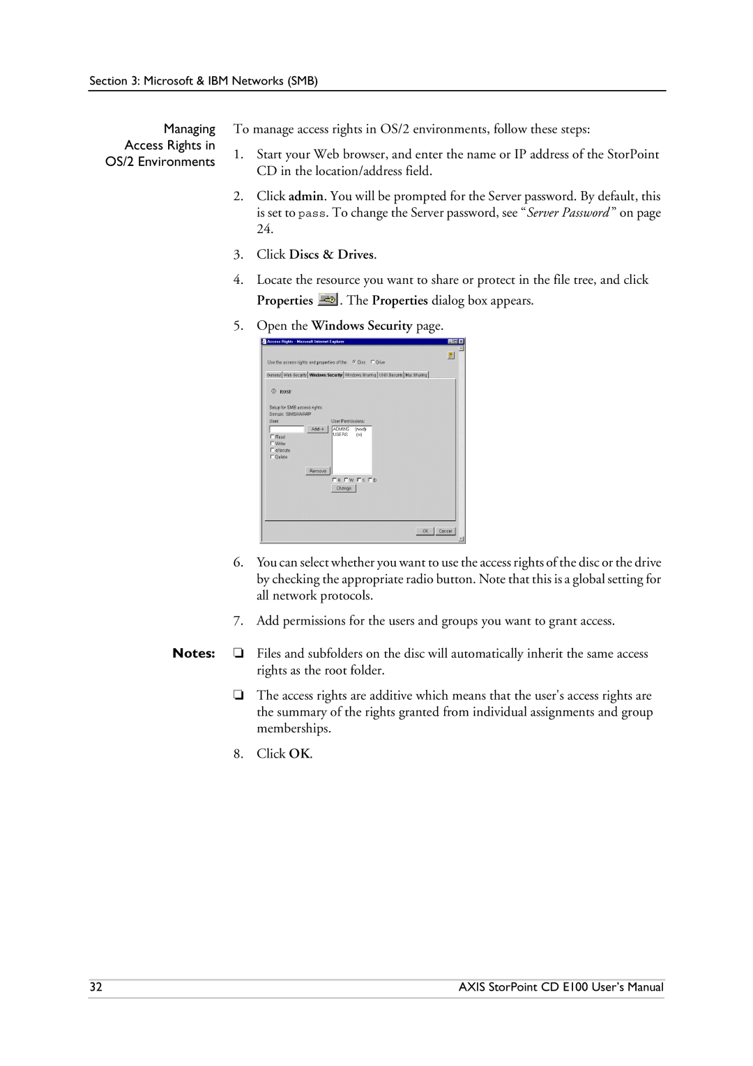 Axis Communications CD E100 Managing Access Rights OS/2 Environments, Click Discs & Drives, Open the Windows Security 