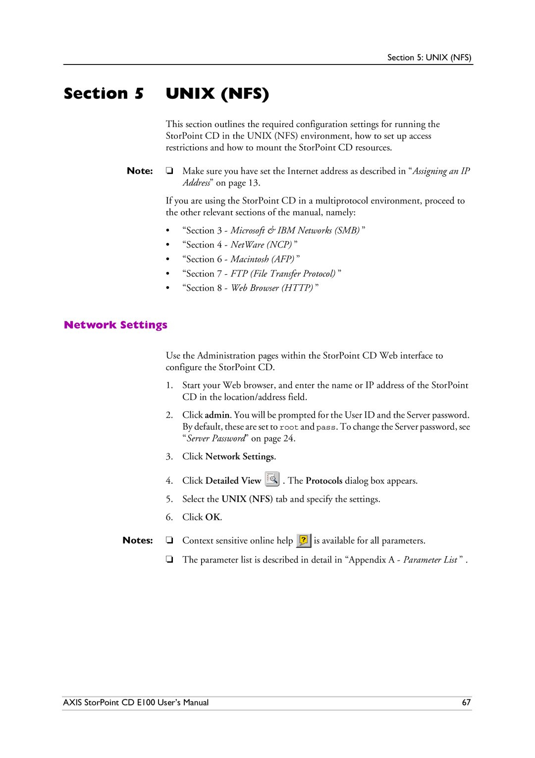 Axis Communications CD E100 user manual Unix NFS, Click Network Settings 