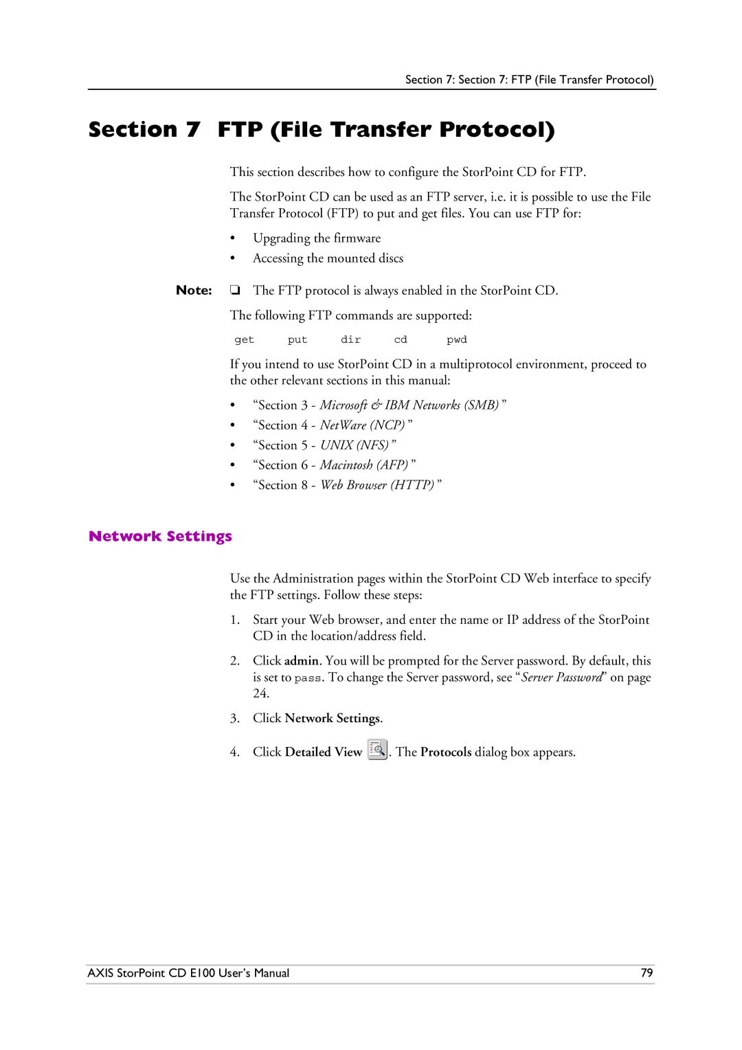 Axis Communications CD E100 user manual FTP File Transfer Protocol, NetWare NCP Unix NFS 