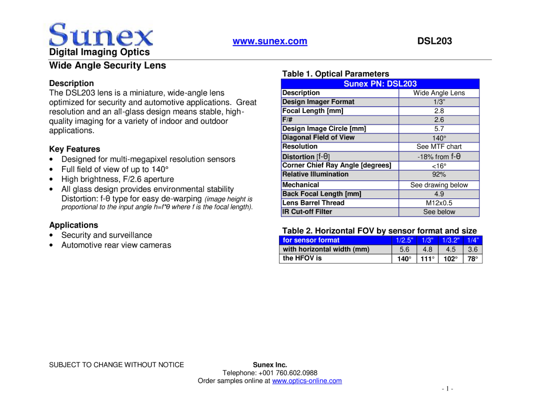 Axis Communications DSL203 manual Digital Imaging Optics Wide Angle Security Lens, Optical Parameters Description 