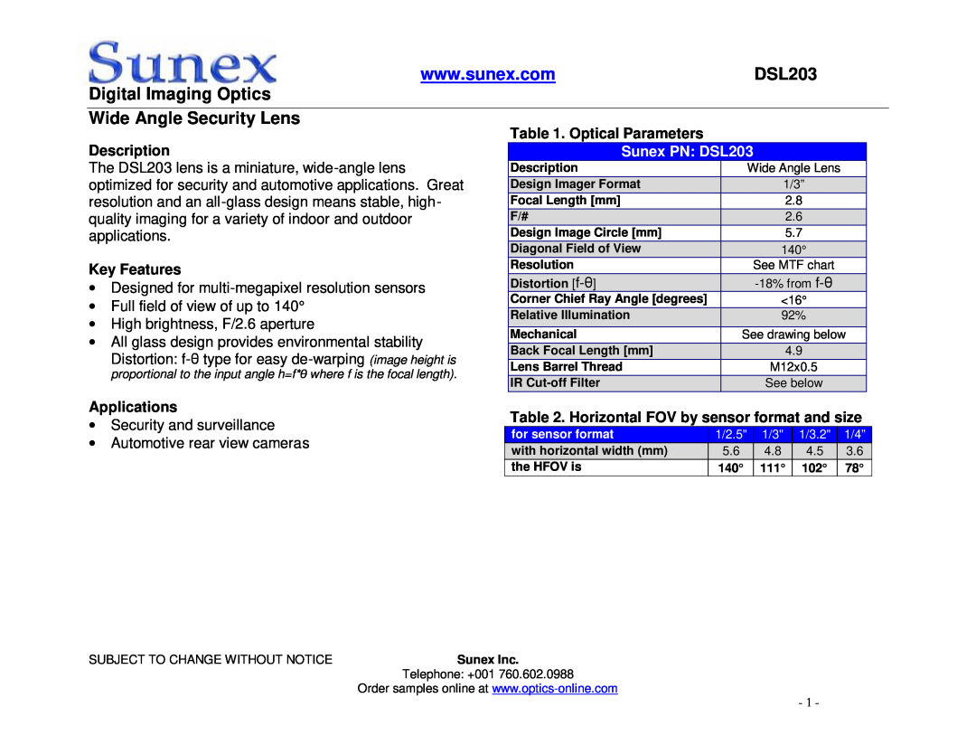 Axis Communications DSL203 manual Digital Imaging Optics Wide Angle Security Lens, Optical Parameters, Description 