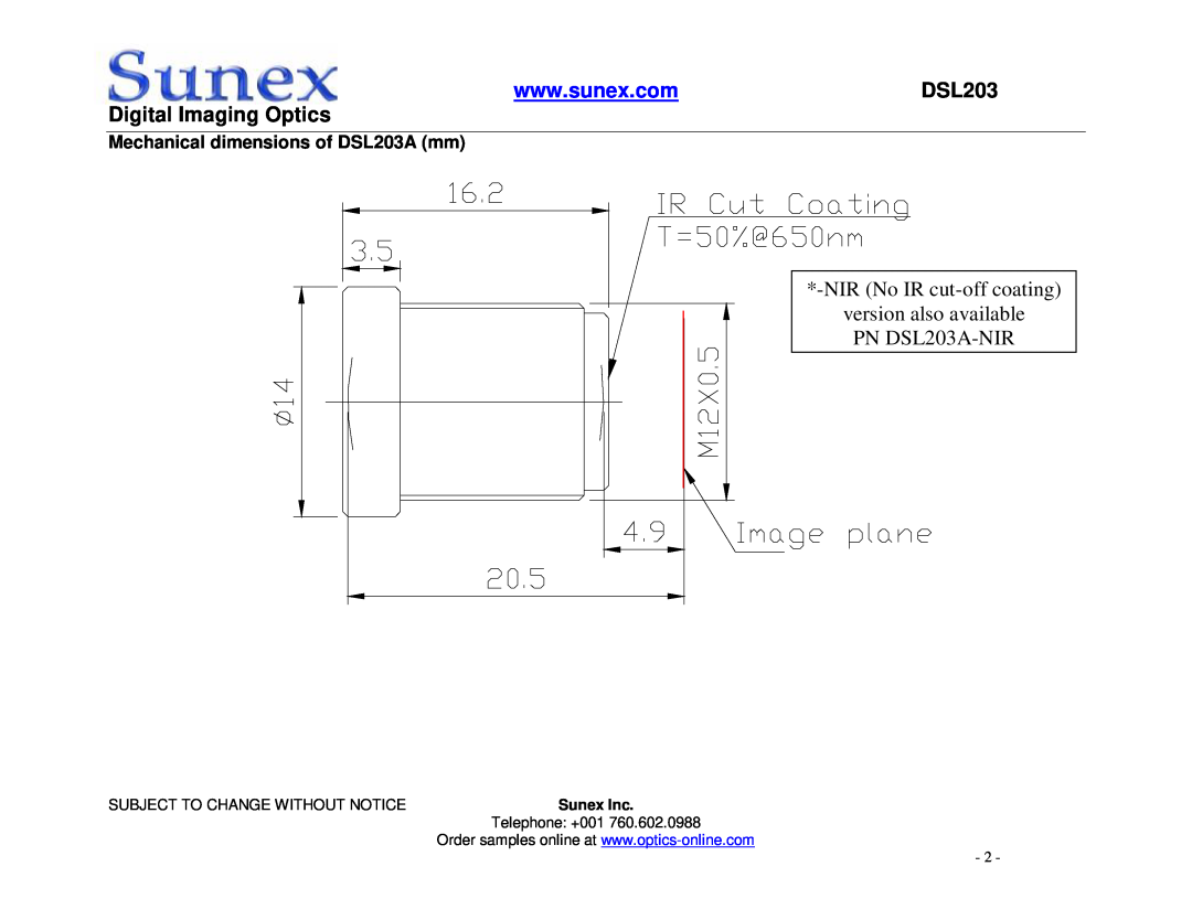 Axis Communications manual Digital Imaging Optics, Mechanical dimensions of DSL203A mm, Sunex Inc 