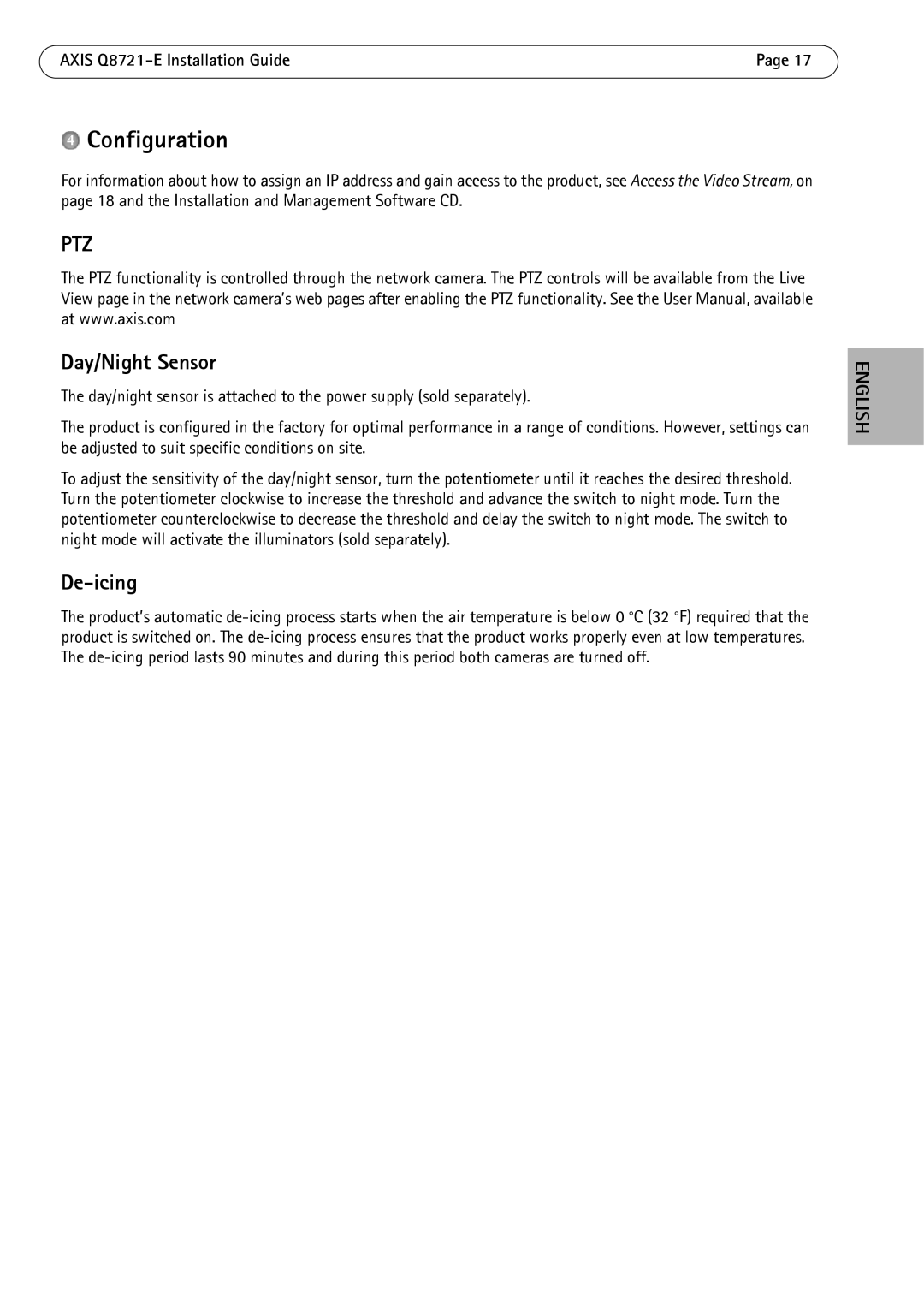 Axis Communications dual ptz network camera manual Configuration, Day/Night Sensor, De-icing 