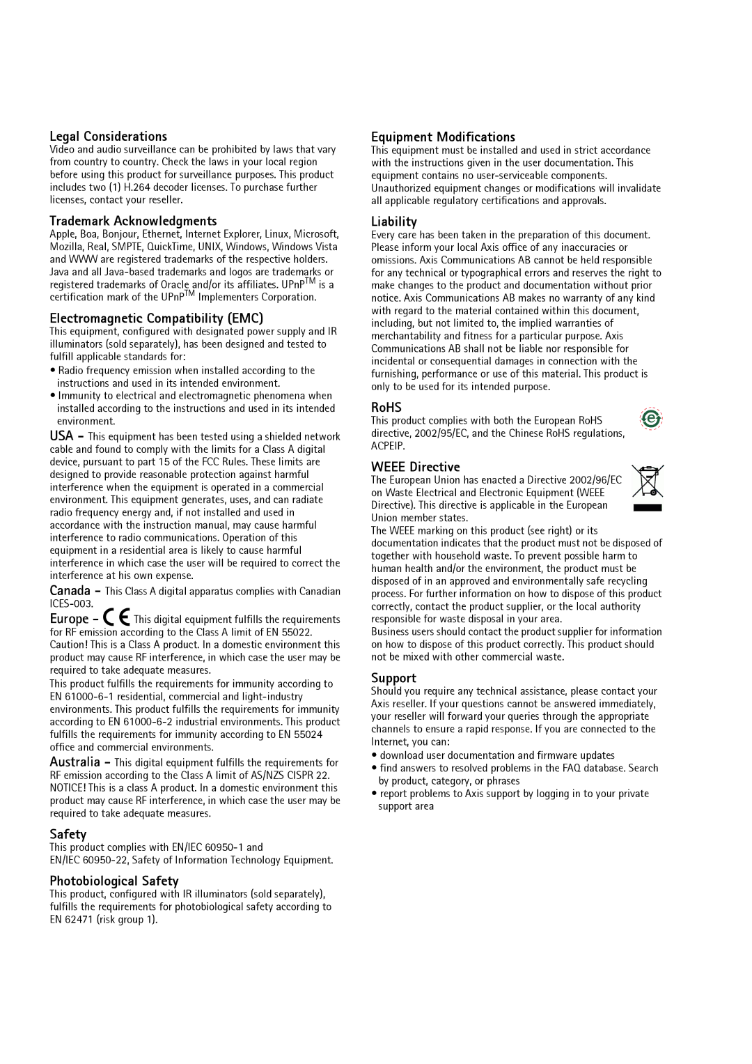 Axis Communications dual ptz network camera manual Legal Considerations, Trademark Acknowledgments, Safety, Liability, RoHS 