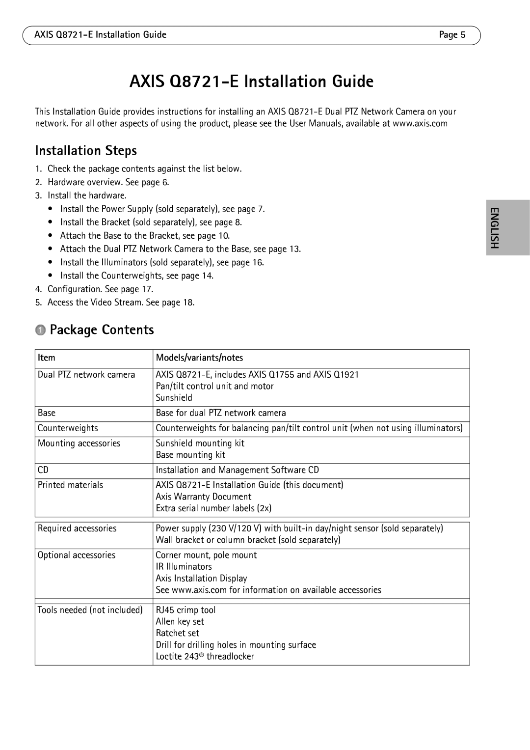 Axis Communications dual ptz network camera manual Installation Steps, Package Contents 