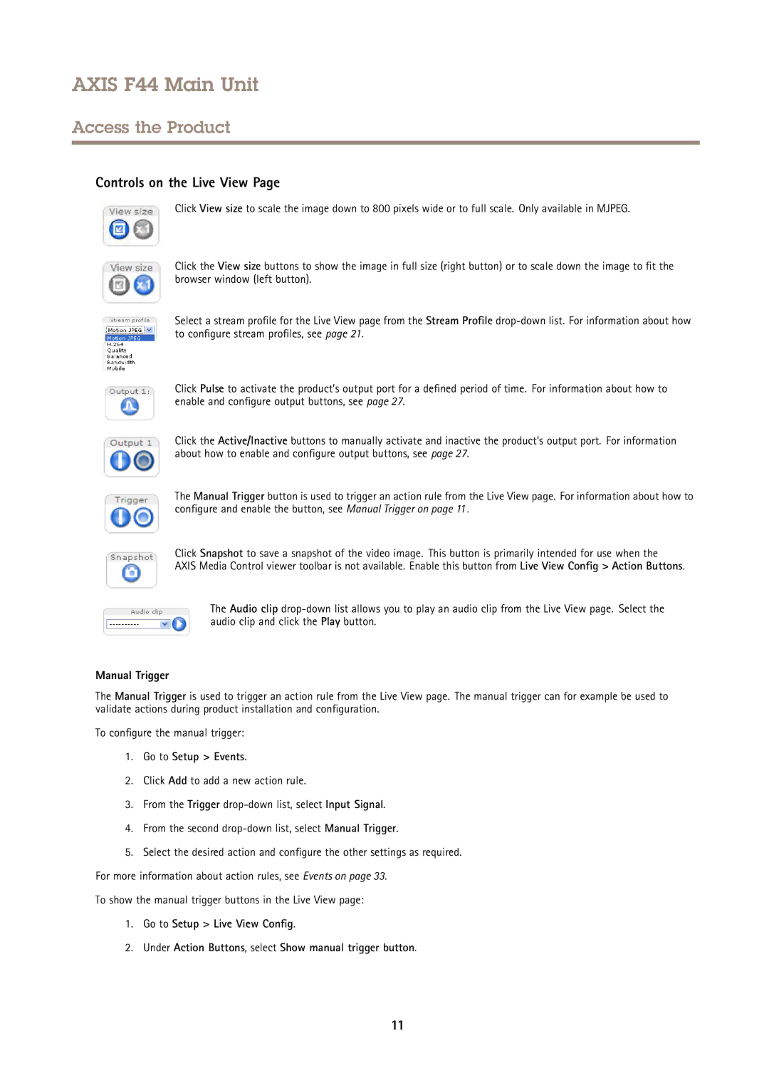 Axis Communications F44 user manual Controls on the Live View, Manual Trigger, Go to Setup Events 