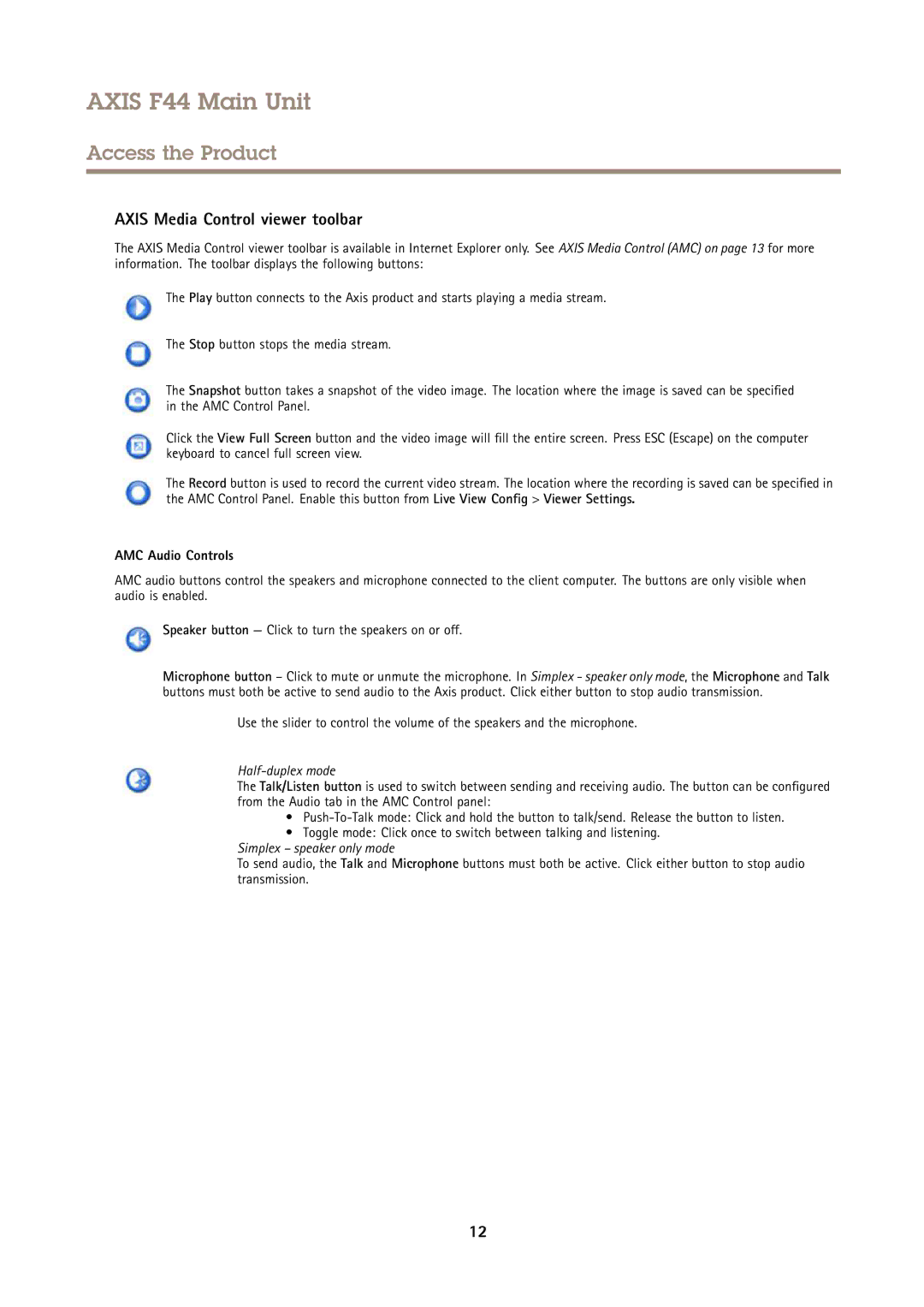 Axis Communications F44 user manual Axis Media Control viewer toolbar, AMC Audio Controls 