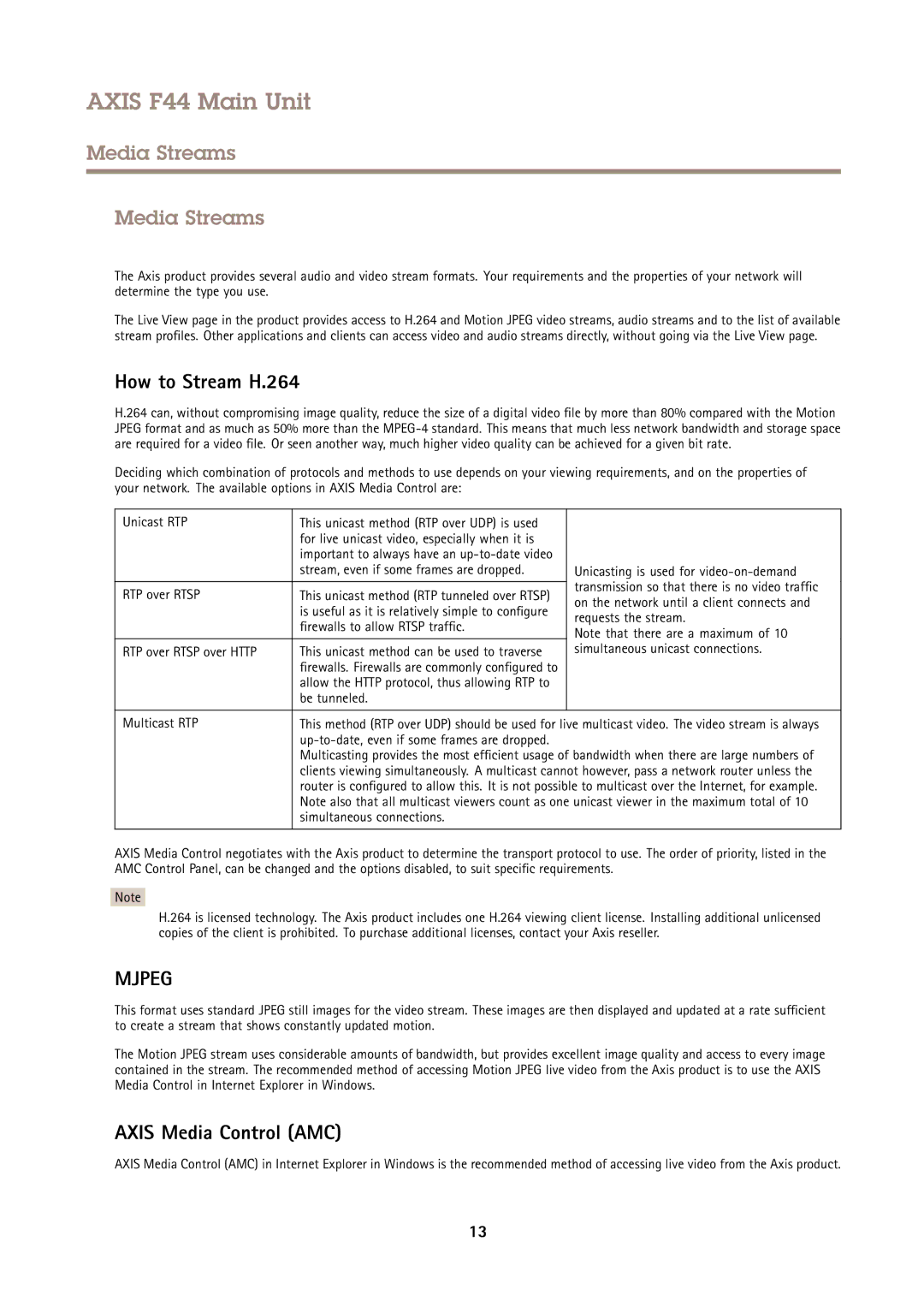 Axis Communications F44 user manual Media Streams, How to Stream H.264, Axis Media Control AMC 