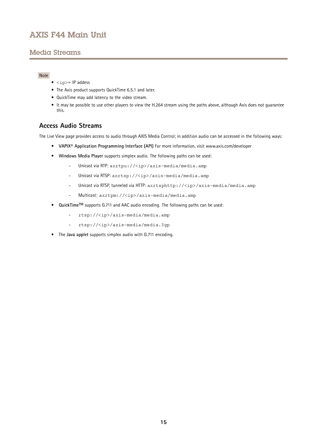 Axis Communications F44 user manual Access Audio Streams, Java applet supports simplex audio with G.711 encoding 