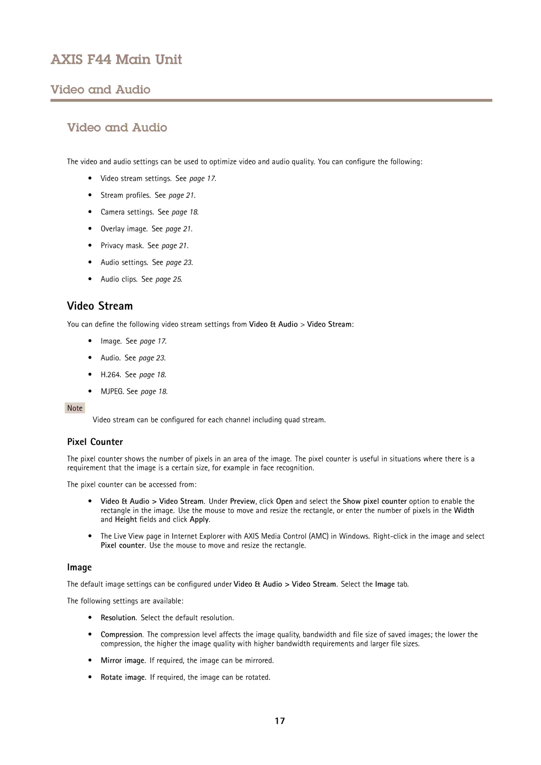 Axis Communications F44 user manual Video and Audio, Video Stream, Pixel Counter, Image 