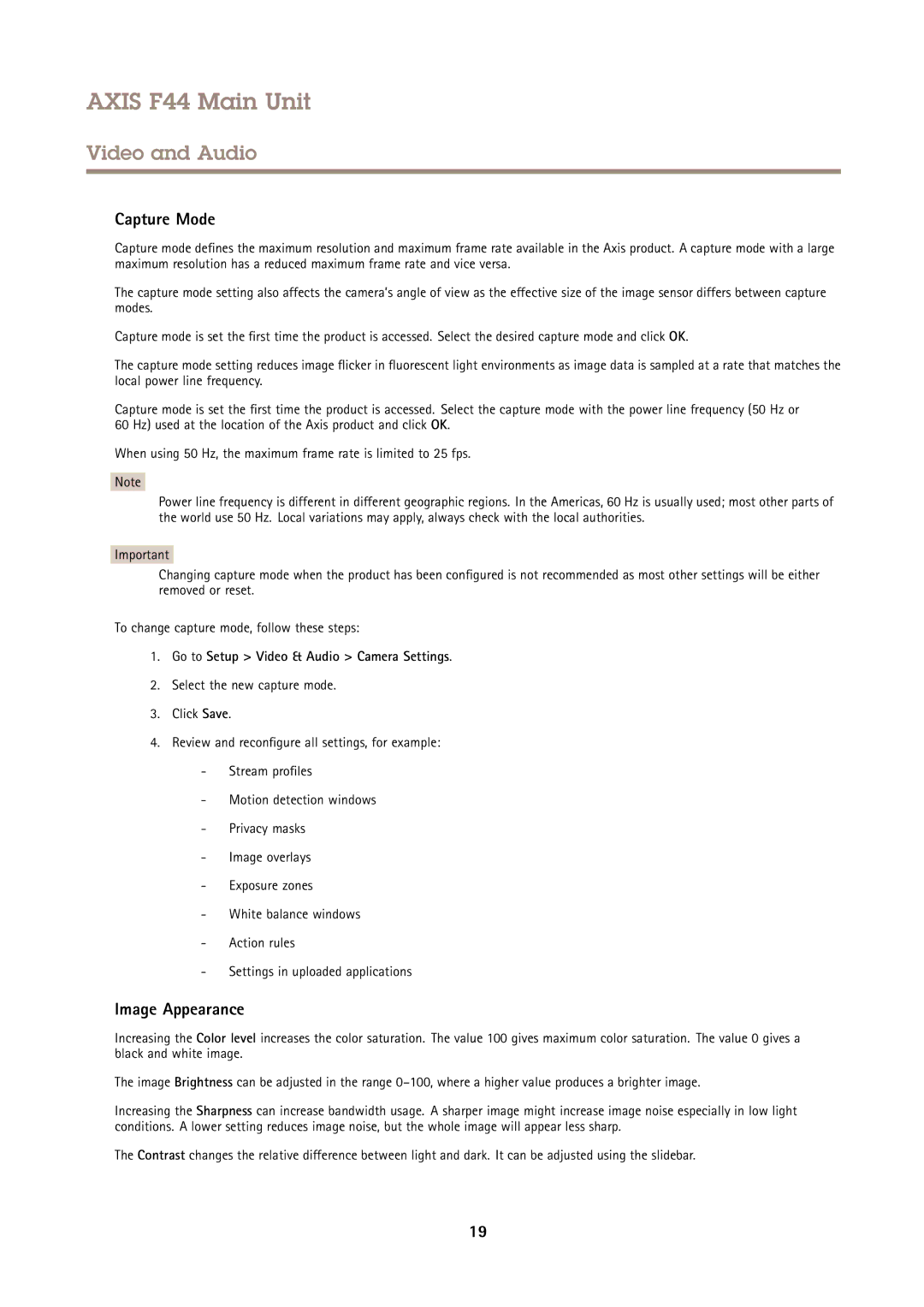 Axis Communications F44 user manual Capture Mode, Image Appearance, Go to Setup Video & Audio Camera Settings 