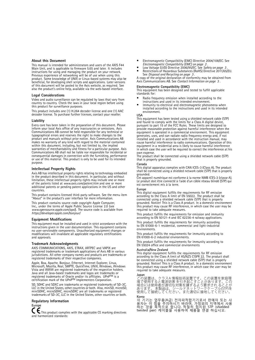 Axis Communications F44 user manual About this Document, Legal Considerations, Liability, Intellectual Property Rights 