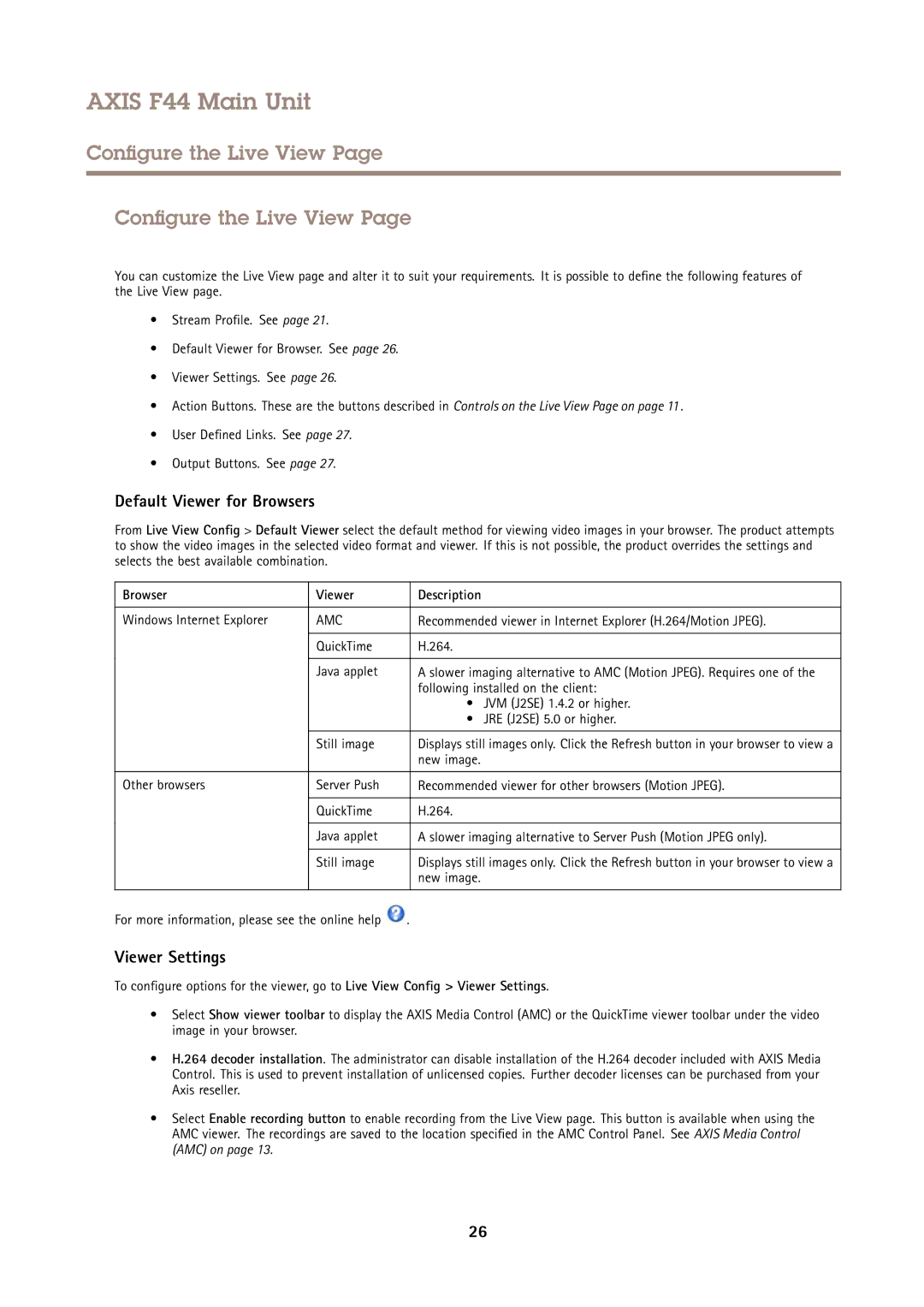 Axis Communications F44 Configure the Live View, Default Viewer for Browsers, Viewer Settings, Browser Viewer Description 