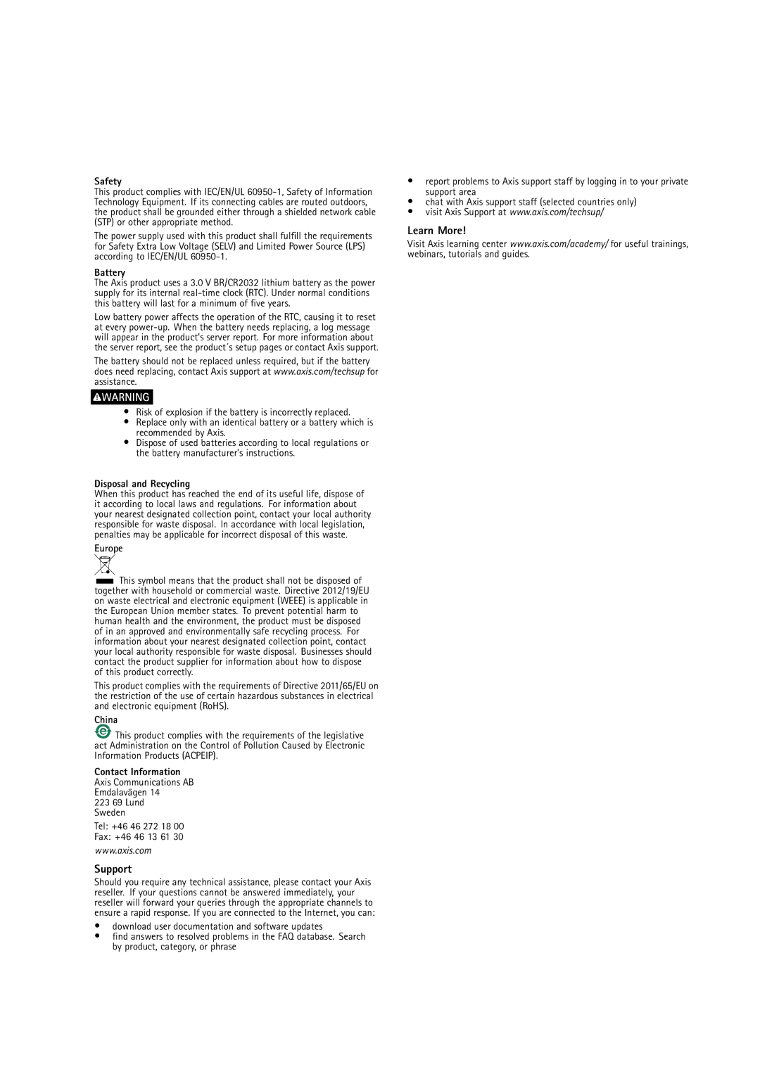 Axis Communications F44 user manual Support, Learn More 