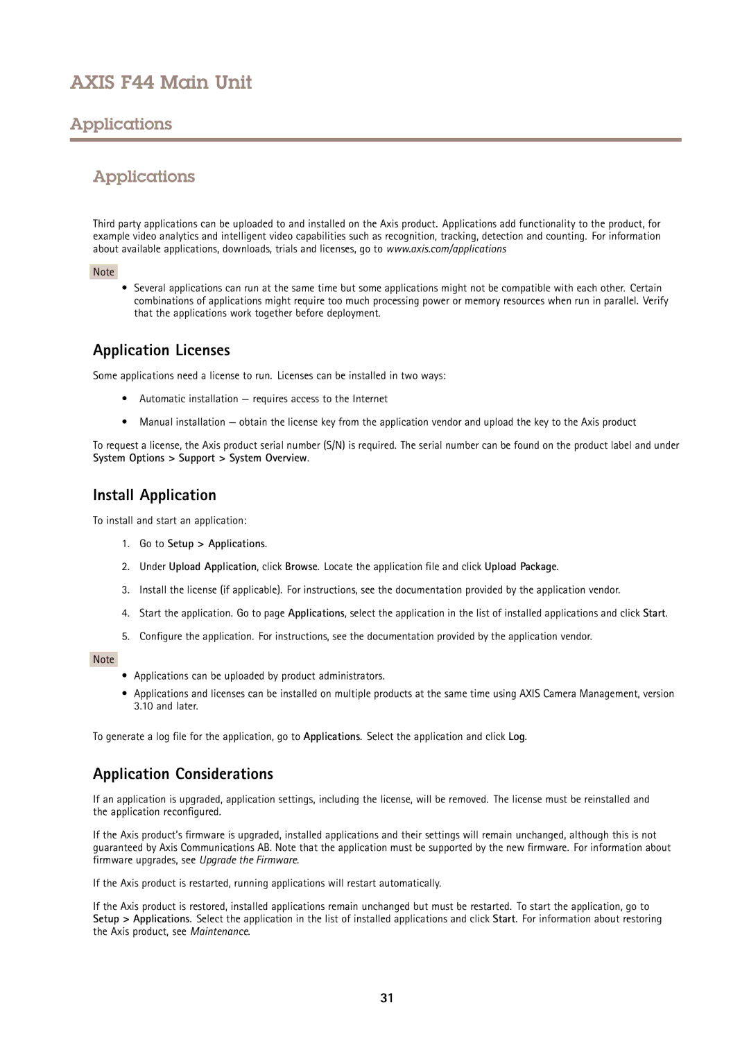 Axis Communications F44 user manual Applications, Application Licenses, Install Application, Application Considerations 