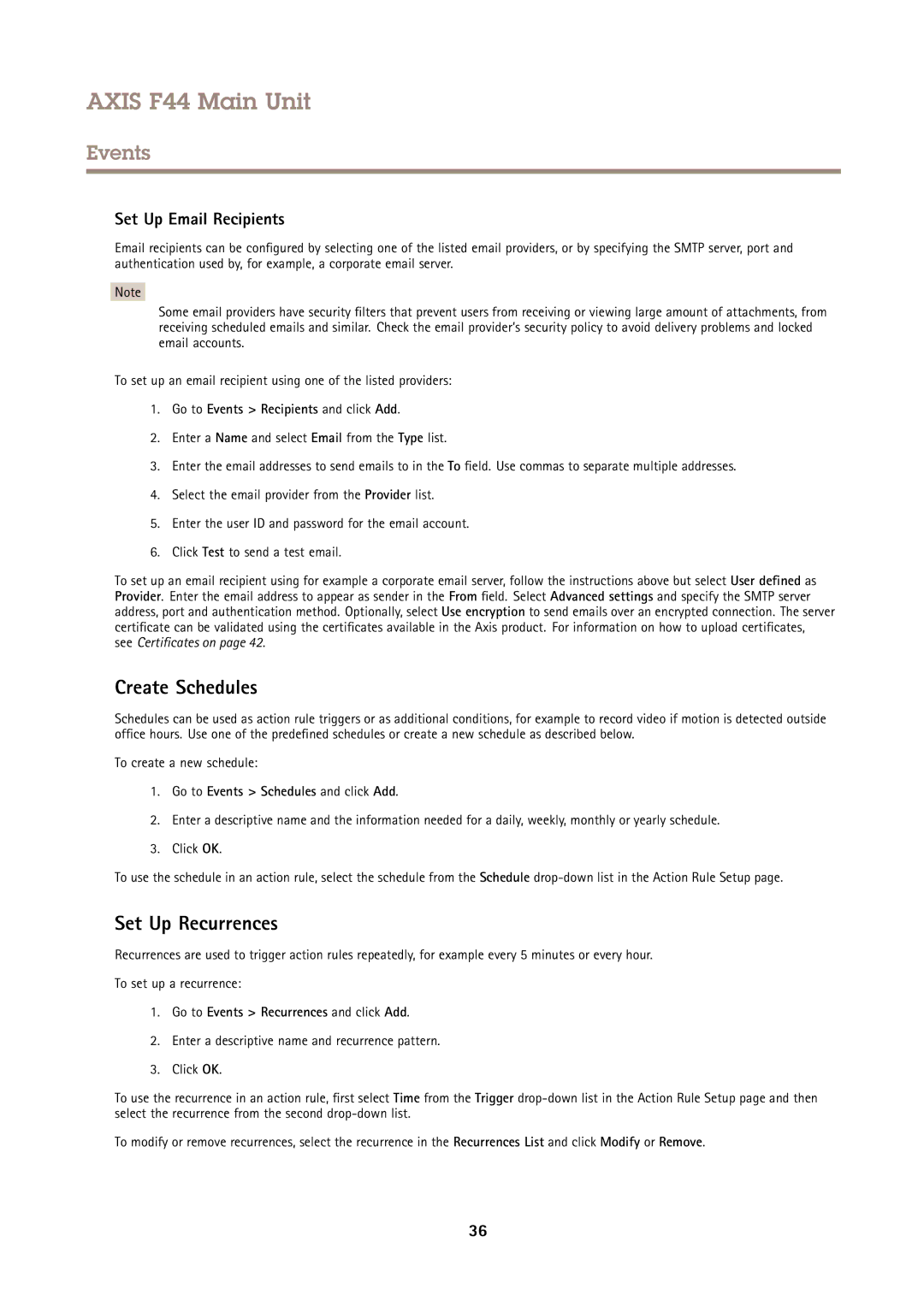 Axis Communications F44 user manual Create Schedules, Set Up Recurrences, Set Up Email Recipients 