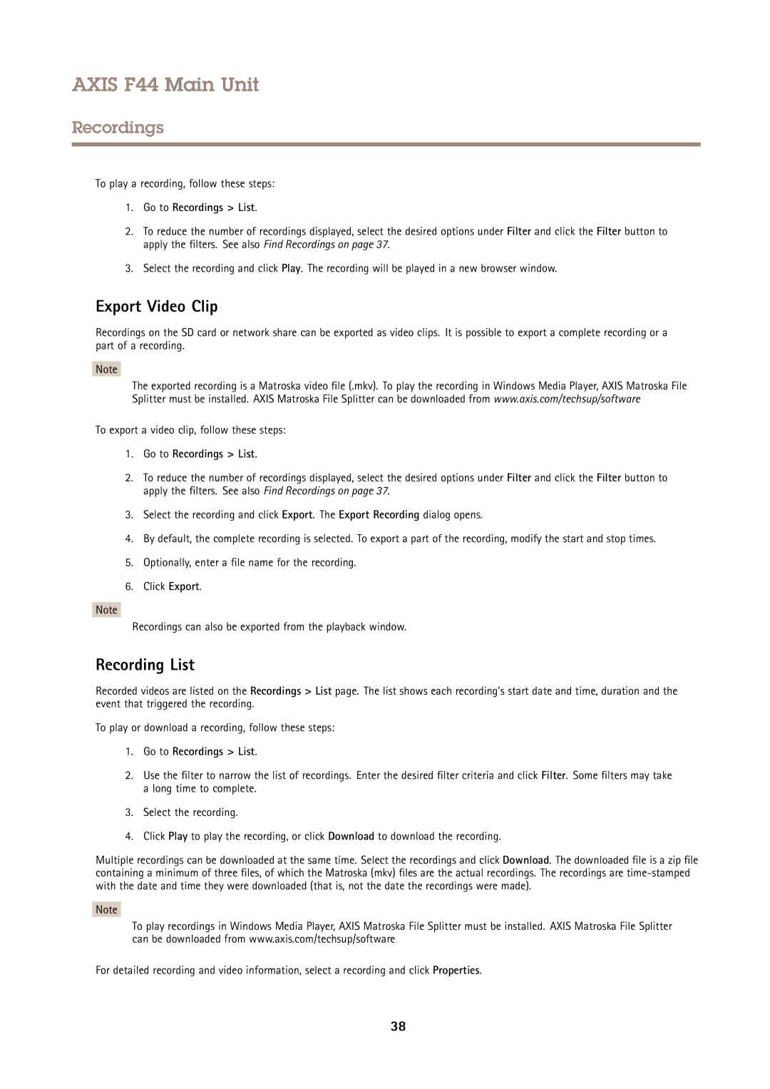 Axis Communications F44 user manual Export Video Clip, Recording List, To play a recording, follow these steps 