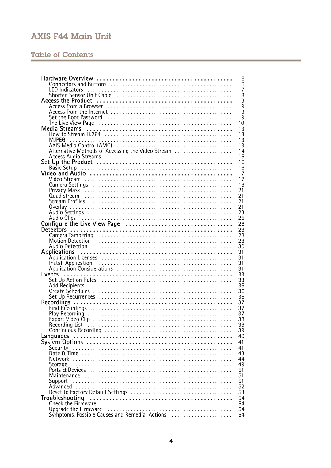 Axis Communications user manual Axis F44 Main Unit, Table of Contents 